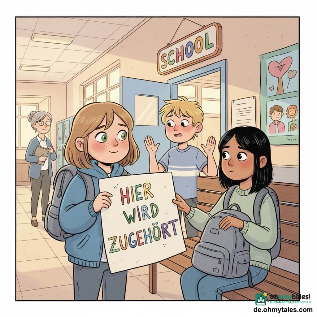 Ein 12-jähriges Mädchen mit hellbraunem Bob, grünen besorgten aber fürsorglichen Augen, blauer Jacke und zu großem Rucksack hält sanft ein großes farbiges Poster mit der Aufschrift HIER WIRD ZUGEHÖRT und blickt mit schüchternem, beschützendem Lächeln auf die neue Schülerin; eine etwa 11-jährige Daria mit glatten schwarzen Haaren und olivem Teint sitzt neben ihr auf einer Bank, wirkt reserviert aber erleichtert, berührt mit zwei Fingern die Ecke des Posters und trägt einen schweren Rucksack; ein etwa 12-jähriger Junge, Jannis, mit zerzaustem blondem Haar steht etwas zurück, errötet und hebt beschwichtigend die Hände; eine Lehrerin mit grauem Dutt steht aufmerksam bei der Klassentür und hält einen Ordner; Schauplatz ist ein heller Schulflur mit pastellfarbenen Wänden, bunten Spinden, Postern und einem auf Kinderhöhe aufgehängten Plakat, heller Kachelfußboden und warmes Fensterlicht; zentrale, ruhige, mitfühlende Szene, in der das Poster als Zeichen von Aufnahme und Solidarität gezeigt wird, mit sanfter Gestik, beruhigten Gesichtsausdrücken und einer weichen, warmen Farbpalette.