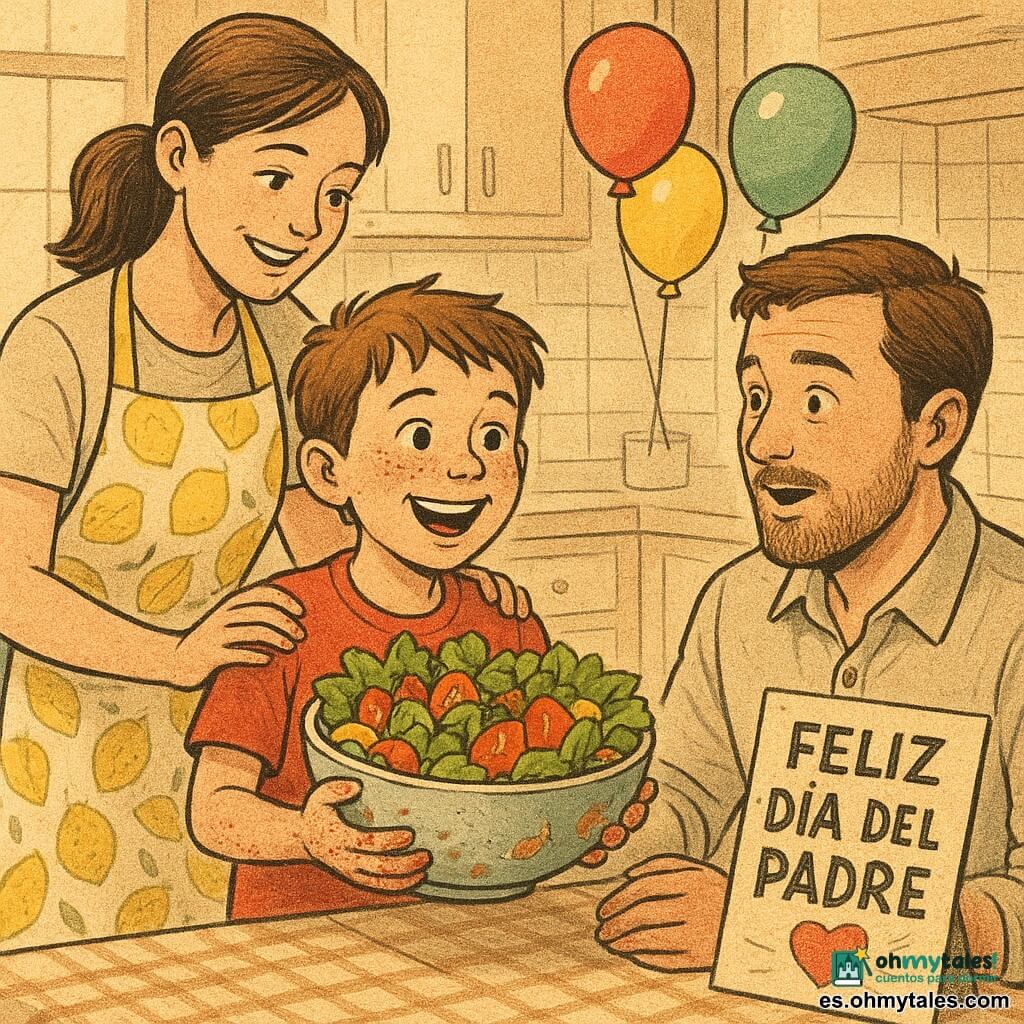 Niño de 8 años de rostro redondo y pecas, pelo castaño corto algo despeinado, ojos brillantes y amplia sonrisa, con dedos manchados de jugo de tomate, de pie junto a una mesa baja sosteniendo orgulloso un gran cuenco de ensalada colorida; a la izquierda, la madre (unos 35 años) con coleta y delantal de limones, sonriente y con la mano en el hombro del niño; frente a ellos, el padre (unos 37 años) con barba ligera, sentado, sorprendido y emocionado, mirando la ensalada y estrechando la mano del niño; cocina familiar luminosa con luz cálida, azulejos claros, muebles de madera pálida, algunos globos y un cartel hecho a mano junto al cuenco; escena de sorpresa por el Día del Padre: el niño presenta su “ensalada arcoíris”, la mesa muestra colores rojo, naranja, verde y amarillo, ambiente tierno y alegre, texturas visibles (hojas, gotas, brillo de los tomates), estilo impresión en papel de periódico con colores cálidos ligeramente desaturados y trazos de tinta, composición centrada en los rostros y el cuenco.