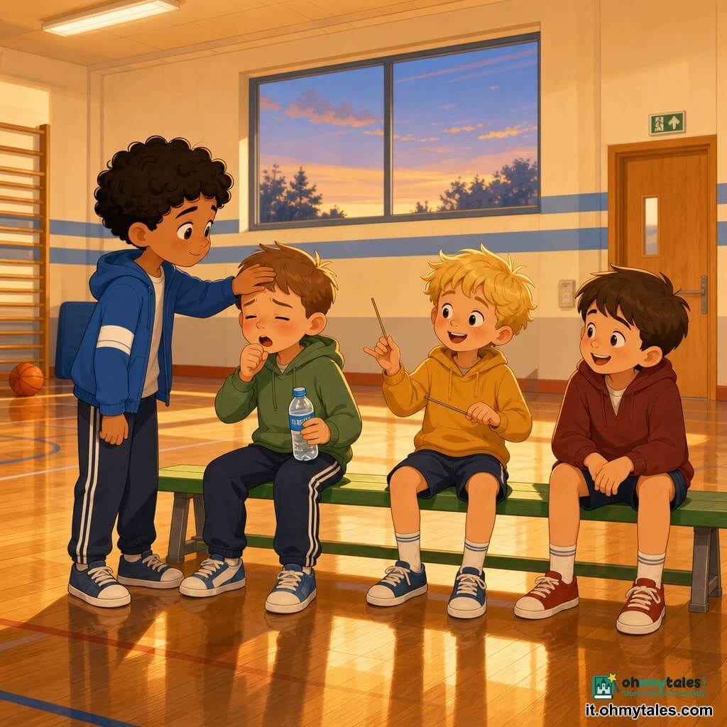Quattro bambini di 7 anni su una panchina verde dopo l'allenamento di minibasket: Leo, biondo chiaro corto, guance rosse, tiene una piccola bottiglia d'acqua nella mano destra e tossisce leggermente; Sami, pelle olivastra e capelli neri ricci, in piedi leggermente a sinistra, posa la mano sulla fronte di Leo per controllare la febbre; Nico, biondo spettinato, seduto a destra, sorride mimando di dirigere un'orchestra con la mano sinistra; Tommi, castano scuro, seduto all'estrema destra, ride piano con le mani sulle ginocchia. Ambientazione: palestra scolastica interna con parquet lucido, pareti crema con strisce blu, grande finestra rettangolare che mostra un cielo crepuscolare, porta in legno chiaro e luci fluorescenti che proiettano ombre lunghe; atmosfera dolce e attenta, colori caldi e luce di fine giornata.