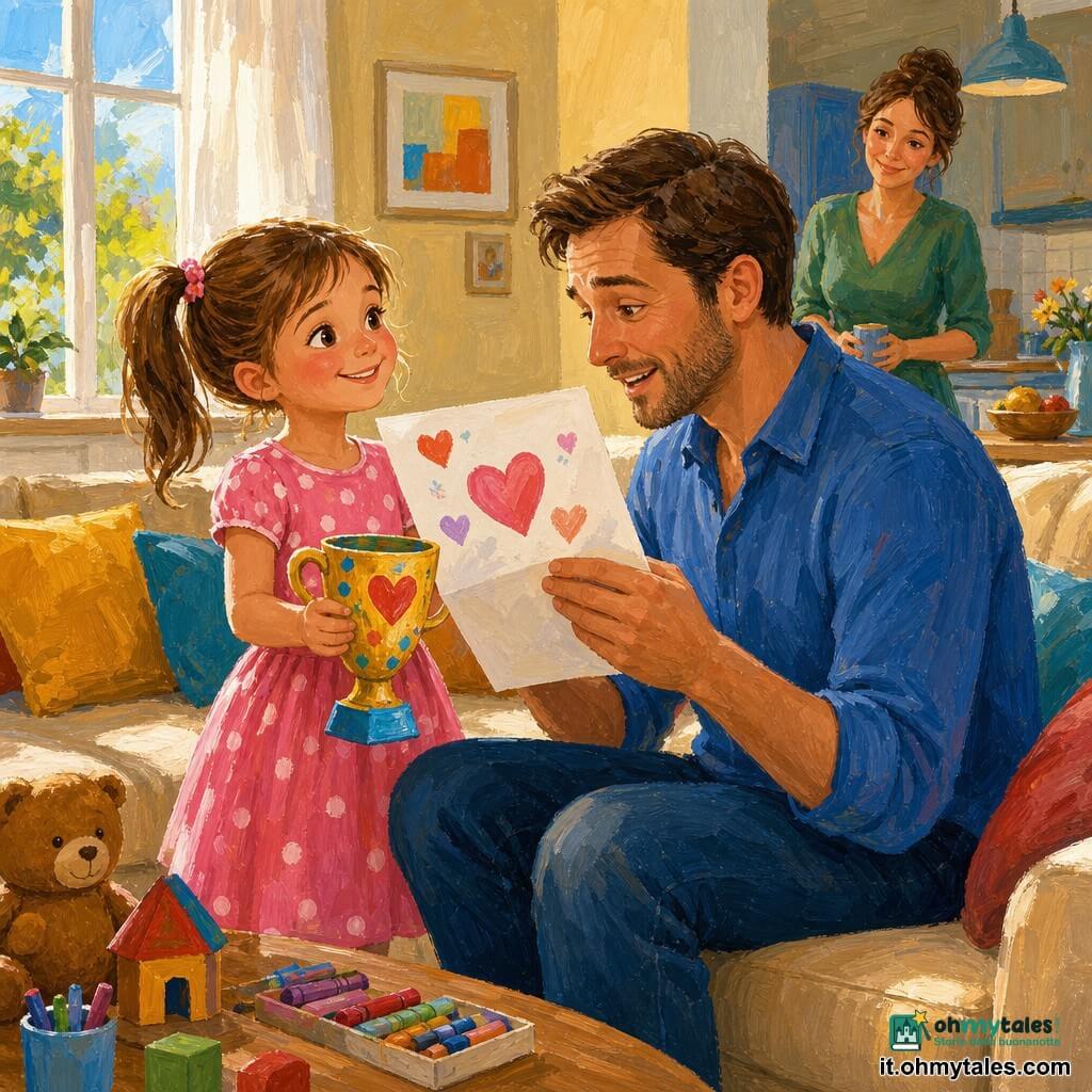 Una bambina di 6 anni, gioiosa e fiera, capelli castani in due codini e vestito rosa a pois, porge una lettera decorata di cuori e una coppetta di carta colorata a suo padre di circa 38 anni, seduto su un divano beige con camicia blu e barba corta, che la riceve sorpreso ed emozionato; la madre di circa 35 anni, capelli castani raccolti e vestito verde, osserva sorridendo vicino alla cucina; salotto luminoso con pavimento in legno chiaro, cuscini colorati e giocattoli su un basso tavolo, luce mattutina, palette vivace e texture di pittura acrilica che conferiscono un'atmosfera calda e familiare.