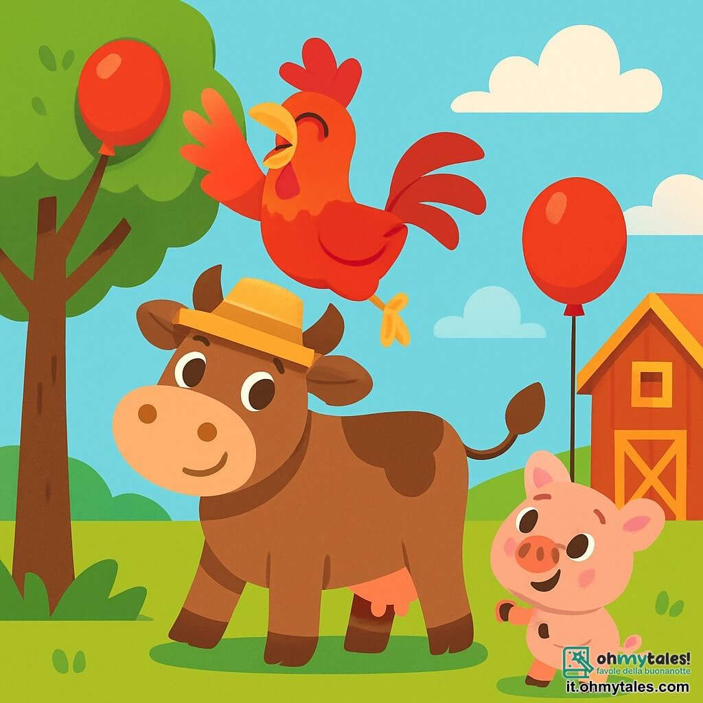 Un gallo gioioso di nome Gigi, con piume rosse brillanti e un becco giallo vivo, salta con entusiasmo sulla schiena di una grande mucca marrone, sorridente e amichevole, con un cappello di paglia. Accanto a loro, un piccolo maialino rosa di nome Max, con occhi scintillanti, guarda con ammirazione, tenendo un palloncino rosso tra le sue piccole zampe. La scena si svolge in una fattoria soleggiata, circondata da campi verdi e un cielo blu punteggiato di nuvole bianche e soffici. Gigi, mentre salta, cerca di afferrare un palloncino rosso incastrato in un albero, mentre Max e Tina lo incoraggiano con sorrisi luminosi.