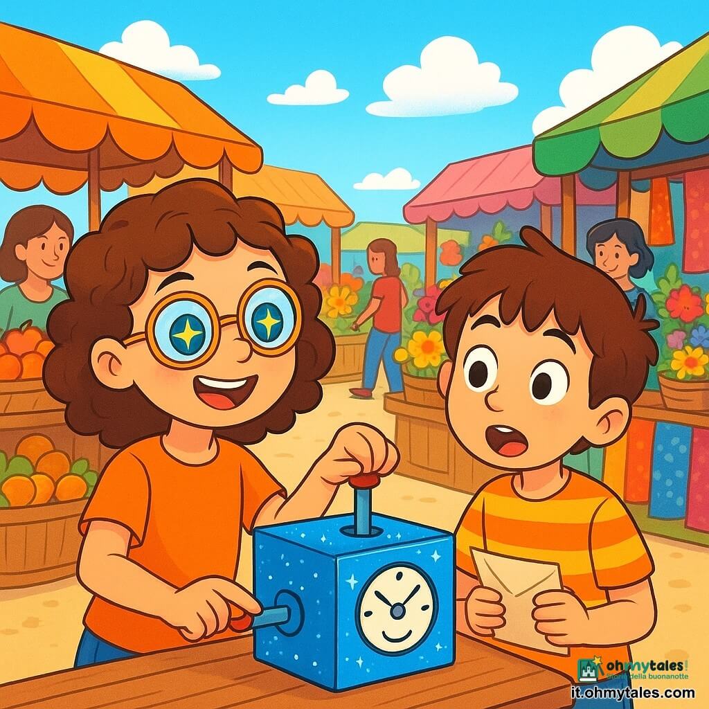 Una ragazza di 8 anni, Clara, con i capelli castani ricci, indossa occhiali rotondi che brillano come piccole bussole. Ha un sorriso meravigliato e occhi pieni di curiosità. Clara è davanti a una macchina del tempo, una piccola scatola blu scintillante, con una mano tesa verso la leva, pronta all'azione. Accanto a lei, un ragazzo di 7 anni, con i capelli disordinati e una maglietta a righe, guarda Clara con occhi rotondi, pieno di eccitazione. Tiene una lettera in mano, il viso illuminato dalla speranza di ritrovare il suo prezioso zaino. Lo scenario è un mercato colorato, pieno di bancarelle di frutta vivace, fiori profumati e tessuti luccicanti. Persone sorridenti si muovono intorno a loro, creando un'atmosfera gioiosa e vivace. Il cielo è di un blu brillante, punteggiato di nuvole bianche e soffici. La scena principale mostra Clara, pronta a tirare la leva della macchina, mentre il ragazzo la incoraggia, impaziente di vedere cosa succederà. L'aria è carica di una magia palpabile, come se il tempo stesso fosse sospeso, pronto a scorrere in una nuova avventura.