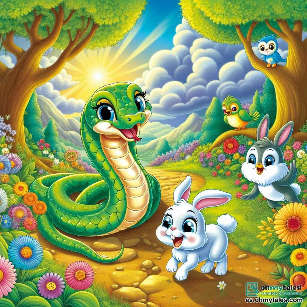 Una serpiente verde brillante, Susi, se desliza con gracia entre las flores coloridas, mostrando una gran sonrisa de curiosidad y determinación. Sus escamas brillan bajo el sol y se mantiene orgullosa, lista para explorar el mundo que la rodea. Junto a ella, un pequeño conejo blanco llamado Ramón, con grandes orejas y ojos brillantes, salta alegremente, mostrando su entusiasmo. Un pájaro azul llamado Pipo, posado en una rama, canta alegremente, con sus plumas vibrantes añadiendo un toque de color al paisaje. El escenario es un magnífico claro del bosque, bañado en luz dorada, con árboles majestuosos, flores brillantes de todos los colores y un cielo azul salpicado de nubes esponjosas. La situación principal muestra a Susi y sus amigos preparándose para cruzar un camino oscuro y misterioso, pero avanzan juntos, unidos por su amistad, listos para superar sus miedos y descubrir lo que les espera al otro lado.