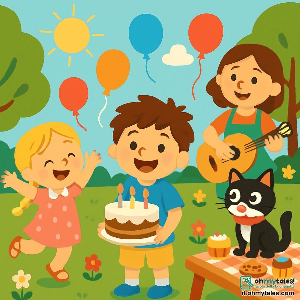 Ci sono 4 personaggi: Leo, un ragazzo di 6 anni con capelli castani in disordine e occhi vivaci, indossa una maglietta blu con un sole e pantaloni corti gialli, è al centro sorridente con una grande torta di compleanno; Sofia, una ragazza di 5 anni con capelli biondi intrecciati e occhi verdi, indossa un vestito rosa a pois bianchi, è a sinistra di Leo saltando di gioia; il signor Gatto, un gatto bianco e nero con grandi occhi curiosi e un papillon rosso, è seduto su un tavolo a destra guardando la torta con aria maliziosa; la signora Rosa, una donna di mezza età con capelli castani e un grembiule colorato, è sullo sfondo sorridente mentre suona la chitarra. La scena si svolge in un parco soleggiato pieno di fiori colorati e alberi verdi, con palloncini multicolori nell'aria e una grande tovaglia a quadretti sull'erba decorata con dolci. Leo festeggia il suo compleanno circondato dai suoi amici, cantando "Tanti auguri" mentre soffia sulle candeline della torta, in un'atmosfera festosa e gioiosa.