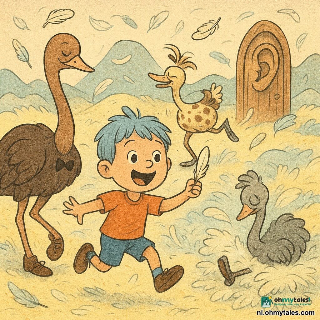 Een 6-jarige jongen met rond gezicht, kort warrig lichtblauw haar en een vrolijke, verwonderde expressie, grote heldere ogen, lachend en hoppend tussen veren terwijl hij in zijn rechterhand een kleine witte veer met gele strepen vasthoudt; drie verklede dansende struisvogels met lange poten en veterschoenen: een grote bruine struisvogel (Stan) die links voor de jongen buigt, een gevlekte struisvogel (Stip) die op de achtergrond als een tol draait, en een kleinere grijze struisvogel (Stijn) die rechts zachtjes in een hoop veren kantelt; het decor is een uitgestrekte "woestijn" van kleurrijke verenbergen en -valleien (wit, luchtblauw, bleekgeel), zachte bodem en draaiende veren in de lucht, met een houten deur in het midden versierd met een groot uitgehouwen glimlachend oor; scène gefocust op vrolijke dans—sprongen, pirouettes en vliegende veren—met een gekke, levendige, pluizige uitstraling, zachte belichting en een licht fantasierijke, kindvriendelijke compositie.