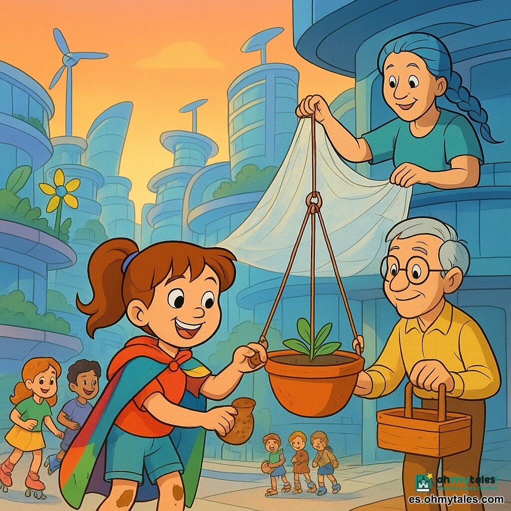Una niña de 6 años, alegre y decidida, con coleta y capa de retazos coloridos y rodillas sucias, planta una semilla en una jardinera colgante mientras sonríe; un anciano de unos 70 años, de cabello gris y gafas redondas, sostiene una caja de herramientas y ajusta una cuerda de soporte y una mujer de unos 45, con trenzas grisazuladas y manos ágiles, tiende una tela ligera desde un balcón superior; varios niños de 6 a 9 años en patines solares pasan al fondo con macetas, todos apoyan a la niña en una calle alta y luminosa de una ciudad futurista con balcones en hilera, pasarelas translúcidas, paneles solares en forma de flor, torres de vidrio y pequeñas hélices decorativas; ambiente cálido de crepúsculo, colores vivos, texturas de madera, metal y hojas verdes, expresiones amables y composición clara y legible para niños.