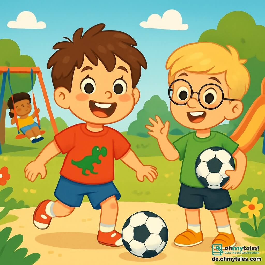 Ein 6-jähriger Junge namens Lukas mit unordentlichen braunen Haaren und neugierigen, glänzenden Augen steht im Mittelpunkt eines Spielplatzes. Er trägt ein rotes T-Shirt mit einem Dinosaurier-Motiv und eine blaue Shorts. Sein Gesicht strahlt Freude aus, mit einem breiten Lächeln und rosigen Wangen, während er sich darauf vorbereitet, einen Fußball zu treten. Neben ihm steht ein 7-jähriger Junge namens Tim mit blonden Haaren und runden Brillen, der lächelt und ihn ermutigt. Er trägt ein grünes T-Shirt und schwarze Shorts und hält einen Fußball unter dem Arm. Im Hintergrund spielen andere Kinder auf bunten Schaukeln und einer großen Rutsche, während grüne Bäume und bunte Blumen den Spielplatz säumen. Die Szene zeigt, wie Lukas kurz davor ist, seine Angst zu überwinden und mit seinen neuen Freunden Fußball zu spielen, was einen Moment von Mut und Kameradschaft darstellt.