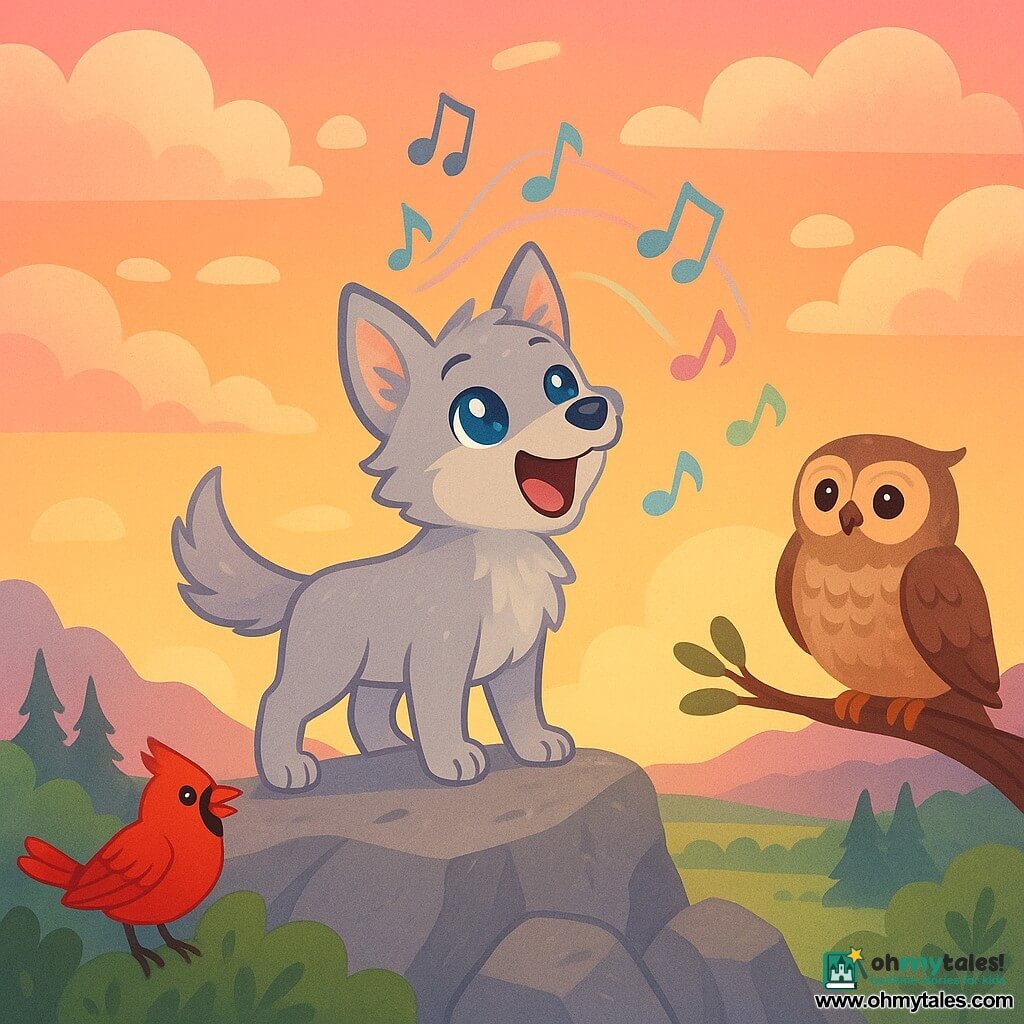 A young silver-furred wolf pup with bright, starry blue eyes stands proudly on a mountaintop rock, mouth open singing and fur blown by the wind; a wise brown-beige owl with textured feathers perches on a low right branch watching proudly; a vivid red cardinal sits on a left bush with wings slightly spread, singing; textured gray boulders, cottony clouds reflecting a pink-orange sunset, silhouetted pines and a distant green valley and clearing; colorful translucent musical notes rise and echo around the rocks, gentle magical adventure mood, warm high-contrast colors, clear simple children's book style.