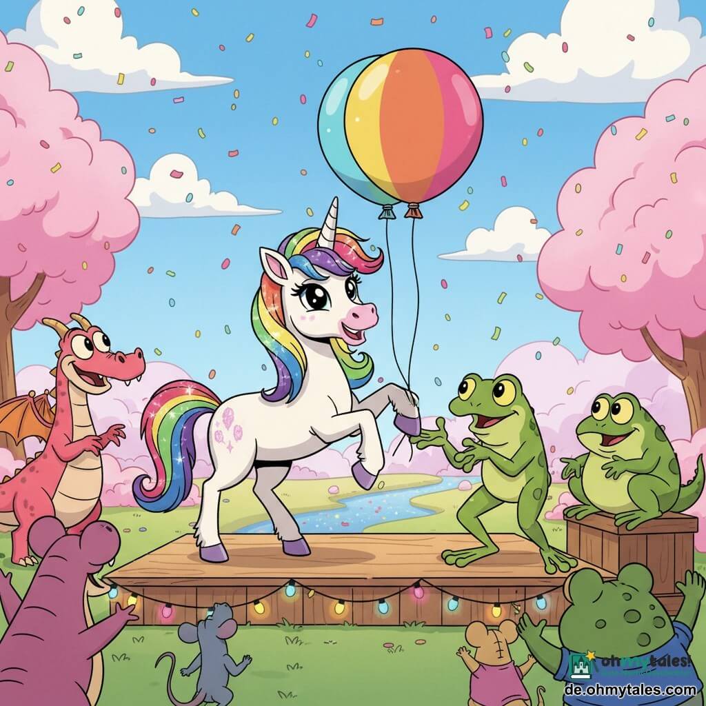 Glitzer, ein Einhornmädchen, strahlt schelmische Freude, Regenbogenmähne, perlmuttweißes Fell mit Glitzerflecken, hält einen großen mehrfarbigen Ballon und trabt über eine kleine Holzbühne; neben ihr Quakfred, ein Froschjunge, leuchtend grün, mit rundem Maul, erzählt eine Witz, steht nach vorn gebeugt auf einer Kiste rechts von ihr; Publikum aus lustigen Kreaturen: ein lachender rosa Drache, tanzende Mäuse und ein großer protziger Frosch, alle in gesättigten Farben und übertriebenen Gesichtsausdrücken; Schauplatz Regenbogenland: zuckerwattenrosa Bäume, funkelnder Limonadenfluss, tiefe fluffige Marshmallow‑Wolken; Bühne beleuchtet von bunten Lichterketten, Konfetti fällt; Hauptsituation: Einhorn bereit, beim Wettbewerb seinen Witz zu erzählen, selbstbewusste fröhliche Haltung, lachendes Publikum, festliche zuckrige Atmosphäre; Grafikstil: dicke Konturen, kräftige gesättigte Farben, weiche Texturen, warme komische Stimmung, Nahaufnahme der Bühne.