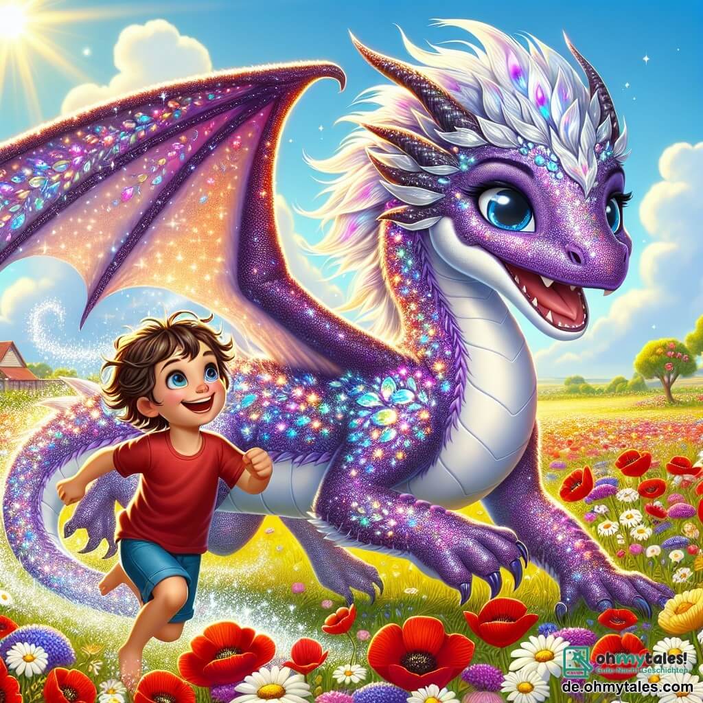 Ein funkelnder Drache namens Lila mit schimmernden lila- und silberfarbenen Schuppen drückt strahlende Freude aus, während sie in einem bunten Blumenfeld spielt. Ihre leuchtenden Augen funkeln vor Aufregung, während sie leicht in die Luft aufsteigt und eine Spur aus Sternenstaub hinterlässt. An ihrer Seite läuft ein kleiner Junge namens Max, etwa 8 Jahre alt, mit zerzausten braunen Haaren und einem strahlenden Lächeln, durch die Blumen, die Arme weit geöffnet, bereit zu springen. Er trägt ein rotes T-Shirt und eine blaue Shorts und schaut Lila mit Staunen an. Der Ort ist ein wunderschönes, sonniges Feld, übersät mit leuchtend bunten Blumen: roten Mohnblumen, weißen Margeriten und gelben Sonnenblumen, unter einem hellblauen Himmel mit ein paar fluffigen Wolken. Die Hauptsituation zeigt Lila und Max, die zusammen spielen, der Drache schwebt anmutig über den Blumen, während Max lachend läuft und eine Szene voller Glück und Freundschaft in einer fantastischen Welt schafft.