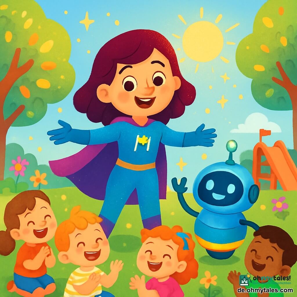 Eine Superheldin, Mira, ist eine lächelnde Frau mit glänzendem Haar und einem bunten, blau-violetten Kostüm, das in der Sonne funkelt. Sie steht stolz mit offenen Armen, bereit zu helfen, mit funkelnden Augen voller Begeisterung. Neben ihr ist Pip, ein kleiner runder und freundlicher Roboter mit glänzender Oberfläche und blinkenden Lichtern. Er rollt fröhlich und hebt einen Arm zur Begrüßung. Der Ort ist ein magischer Park, gefüllt mit Bäumen mit leuchtenden Blättern, bunten Blumen und Spielplätzen. Funkelnde Lichter tanzen in der Luft und schaffen eine fröhliche und einladende Atmosphäre. Die Hauptsituation zeigt Mira und Pip umgeben von Kindern, die lachen und applaudieren, während sie versuchen, die verrückten blinkenden Lichter zu beruhigen. Die Kinder, Jungen und Mädchen von etwa 6 Jahren, sitzen auf dem grünen Gras, begeistert und ungeduldig, und schauen Mira bewundernd an.