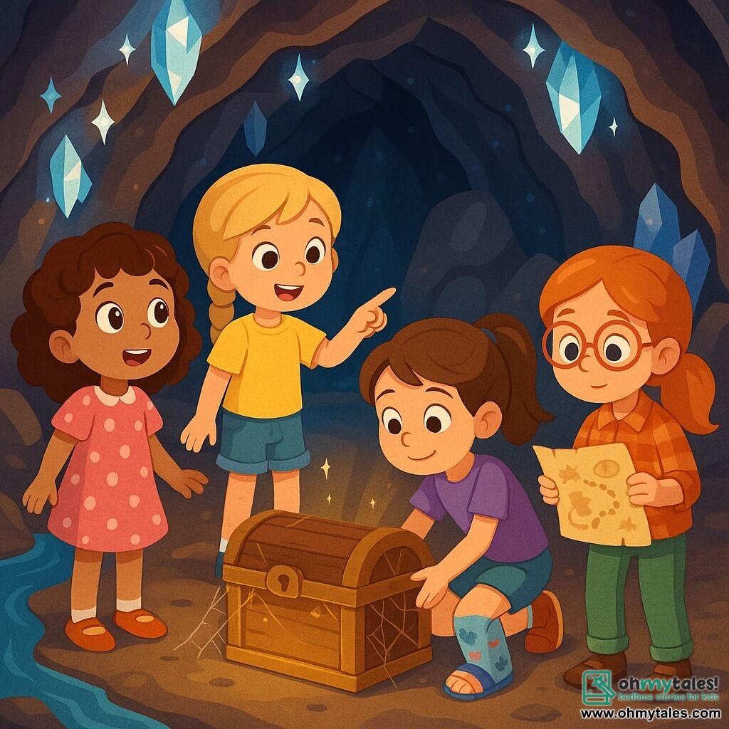 Four 7-year-old girls stand in the center of a beautiful sparkling cave. Lily, with curly brown hair in a pink polka dot dress, gazes in awe at the shimmering crystals. Mia, with braided blonde hair in a yellow t-shirt and denim shorts, points at an ancient dusty chest covered in cobwebs. Zoe, who has a colorful cast on her leg and brown hair in a ponytail, crouches near the chest in a purple t-shirt, ready to open it. Emma, with red hair and glasses in a plaid shirt and green pants, holds a treasure map, carefully examining the symbols. The cave is illuminated by sparkling crystals hanging from the ceiling, creating a magical atmosphere, with shiny rock-covered walls and a gentle stream flowing inside, adding mystery. The girls are about to open a mysterious chest, hoping to discover hidden treasure, as a golden glow emanates from it, promising adventures and surprises.