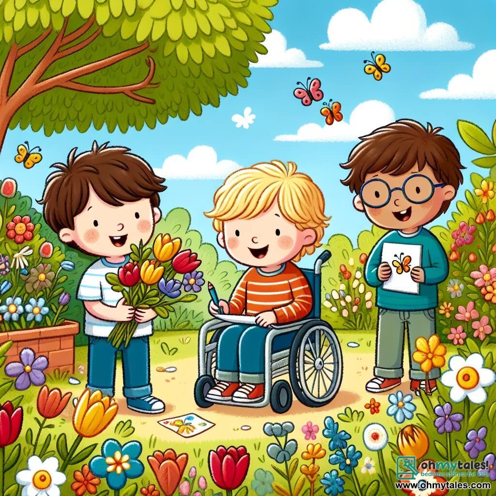 In a flower garden, three friends are gathered. Max, an 8-year-old boy with messy brown hair and a bright smile, stands on the left holding a bouquet of colorful flowers. Next to him, Leo, a 7-year-old boy with blond hair and sparkling eyes, is drawing a butterfly on a piece of paper. Sam, a 9-year-old boy in a wheelchair with brown hair and glasses, is in the center, smiling and happily watching his friends. The garden is filled with vibrant flowers: red tulips, yellow daffodils, and violets swaying in the wind. A large leafy tree stands in the background, providing shade and a peaceful atmosphere. The sky is bright blue with a few white clouds. The three friends are having fun searching for spring treasures like flowers and leaves while laughing and enjoying the beauty of nature around them.