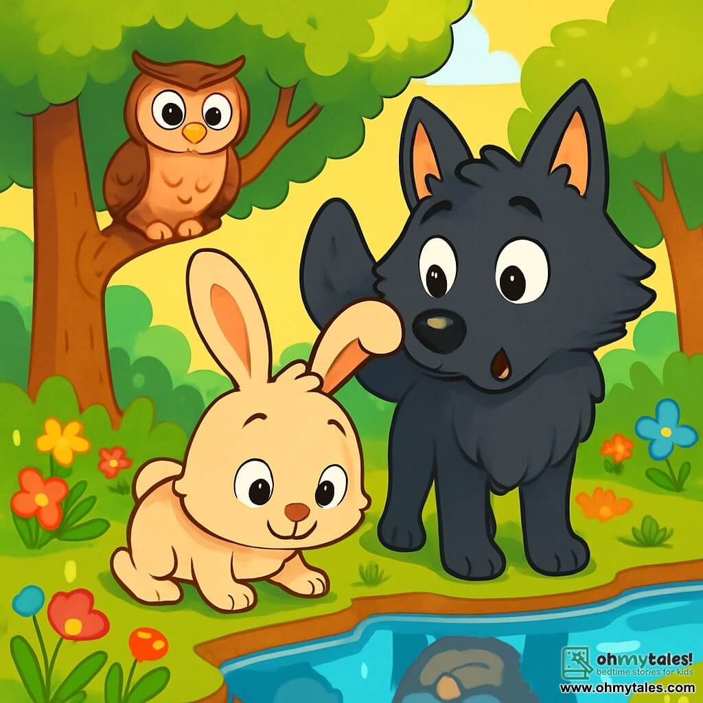 A small rabbit with big ears, Benny, with sparkling curious eyes and a coat as soft as cotton, stands by a shimmering stream, marveling at the reflection of a wise owl. The Big Bad Wolf, with his dark fur and bright star-like eyes, stands next to Benny, showing an expression of surprise and gentleness, as if he has just realized something important. The setting is an enchanted glade bathed in golden light, surrounded by majestic trees with vibrant green leaves, where colorful flowers dance in the wind. In the center, the stream gently murmurs, its sparkling waters reflecting the blue sky. The main scene shows Benny and the Big Wolf, united in a moment of understanding, ready to discover the treasure of friendship together, while the owl watches them with a wise smile from his branch.