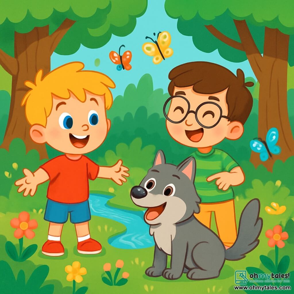 There are 3 characters: - Timmy: a 6-year-old boy with messy blonde hair and sparkling eyes. He wears a red t-shirt and blue shorts. He stands smiling with open arms, ready to welcome his new friend. - Tommy: a 6-year-old boy with brown hair and round glasses. He wears a green striped shirt and beige pants. He is slightly in the background, laughing and pointing at Wolfie. - Wolfie: a medium-sized gray wolf with soft fur and bright friendly eyes. He sits on his hind legs with a joyful expression, his tail wagging happily. The setting is an enchanted forest with tall, thick-trunked trees creating a natural canopy of green leaves. Colorful pink and yellow flowers dot the ground, and a sparkling stream winds between the rocks, reflecting sunlight. Multicolored butterflies flutter around, adding a touch of magic to the scene. The main situation shows Timmy, Tommy, and Wolfie playing together, laughing and running in the forest. Timmy opens his arms to welcome Wolfie, while Tommy, with a big smile, points at the joyful wolf. The atmosphere is filled with joy and friendship, illustrating the moment they become good friends.