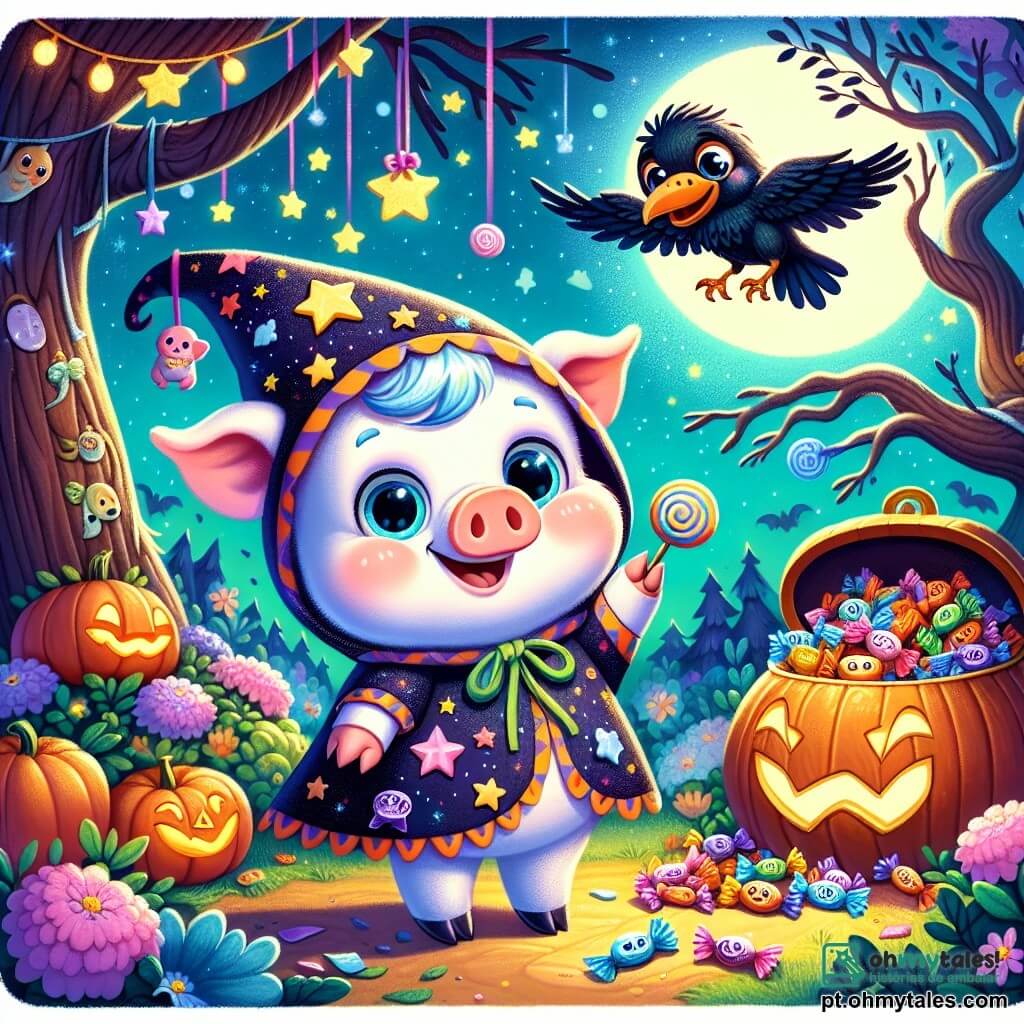 Um pequeno porquinho travesso chamado Tico, com pelagem branca brilhante e grandes olhos azuis cheios de curiosidade, está no centro da cena, com um largo sorriso no rosto enquanto usa um traje de Halloween colorido cheio de estrelas. Ao seu lado, uma alegre corvo pequena com penas pretas e brilhantes, com olhos travessos, voa rindo, segurando um doce cintilante no bico. Não muito longe deles, uma grande árvore com um rosto amigável, suas ramificações estendidas como braços, parece incentivá-los com um sorriso caloroso. A cena se passa em uma floresta encantada, onde as árvores falam e as flores dançam, iluminada por uma lua brilhante e estrelas cintilantes, criando uma atmosfera mágica e festiva. Ao fundo, um grande baú cheio de doces coloridos brilha sob a luz da lua, enquanto Tico e seus amigos se preparam para compartilhar suas descobertas com todos os animais da floresta, celebrando juntos a magia do Halloween.