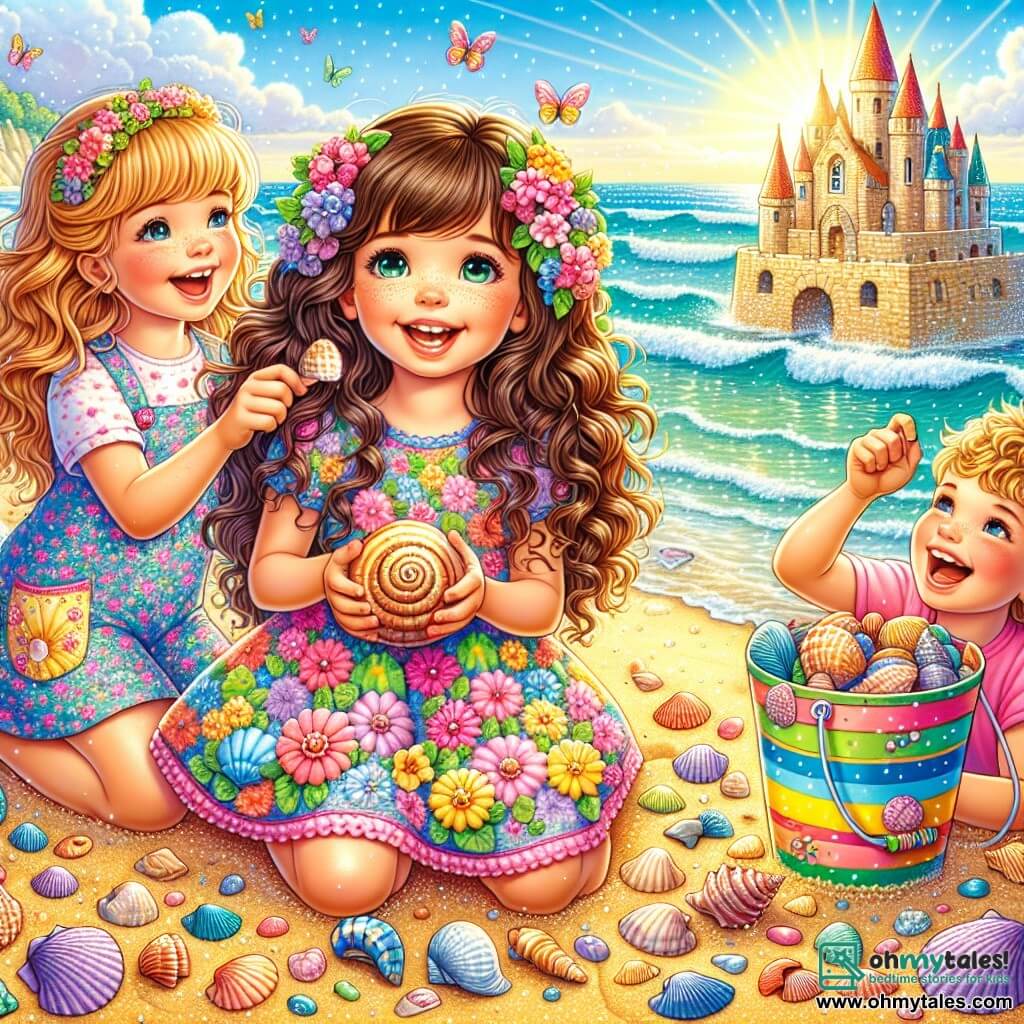A 6-year-old girl named Lily stands at the edge of a sunny beach, her face beaming with joy and excitement. She has long brown hair, sparkling eyes, and wears a colorful floral dress while holding a bucket filled with shiny seashells. Next to her is Mia, a 6-year-old girl with curly hair in a pink dress, smiling while holding a large spiral shell. A little further away, Jake, a 6-year-old boy with blonde hair in a blue t-shirt, is building a sandcastle, laughing enthusiastically. The scene is set on a beautiful golden sandy beach with gentle waves lapping at the shore and colorful shells scattered on the ground. The sky is a bright blue, dotted with fluffy white clouds. The main focus shows Lily, Mia, and Jake playing together, building a large sandcastle, laughing, and sharing stories, illustrating the magic of friendship by the sea.