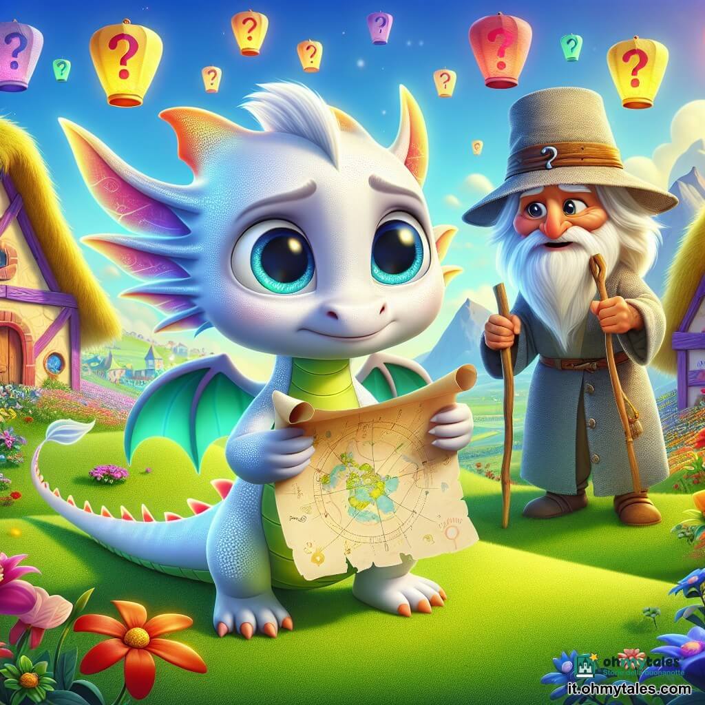 Zefiro, un piccolo drago dalle ali traslucide come foglie di carta, si trova su una collina verde, con il viso illuminato da un sorriso meravigliato. I suoi occhi brillano di eccitazione e curiosità, mentre tiene tra gli artigli una delicata mappa di carta, pronta per essere condivisa. Accanto a lui, Animo, un vecchio giardiniere dai capelli argentati e con un cappello decorato da piccole domande, osserva con benevolenza. Il suo volto è intriso di saggezza e dolcezza, e tiene una piccola pala di legno, pronto a coltivare idee. Lo sfondo è un villaggio colorato, con case dalle finestre a forma di domande e fiori di tutti i colori che danzano al vento. Lanternine fluttuano nell'aria, creando un'atmosfera magica e accogliente. La scena mostra Zefiro mentre propone la sua mappa ai villaggi riuniti attorno a lui, ognuno con espressioni di curiosità e meraviglia, pronti a scoprire come condividere questa preziosa vittoria.