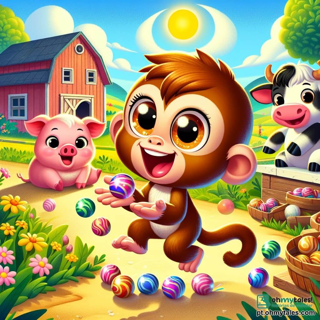 Em um cenário ensolarado, Mimi, uma macaca alegre com pelagem marrom e olhos brilhantes, está pulando de alegria, segurando uma bolinha colorida em suas pequenas mãos. Ela sorri amplamente, demonstrando seu entusiasmo pelo jogo. Ao lado dela, Zé, um porquinho rosa com bochechas arredondadas e uma expressão travessa, está agachado, pronto para lançar sua própria bolinha, enquanto Lola, uma vaca branca e preta com grandes olhos suaves, está um pouco atrás, segurando uma bandeja de deliciosas guloseimas. O fundo mostra uma charmosa vilazinha rural, com um céu azul claro, campos verdes e um velho celeiro vermelho, onde flores coloridas crescem ao redor. A cena captura a empolgação e a camaradagem dos animais enquanto se preparam para jogar sua competição de bolinhas de gude.