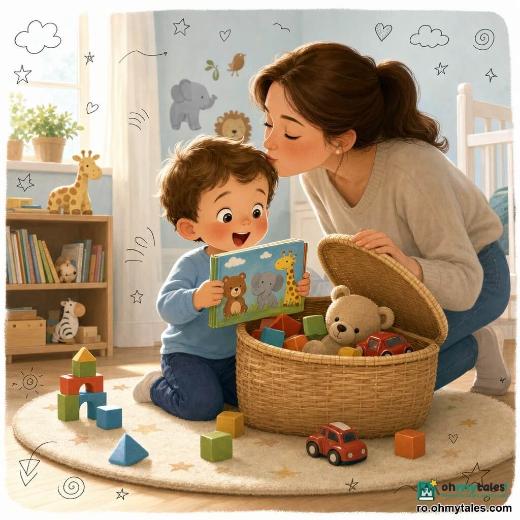 Un băiat de 2 ani, față rotundă, păr scurt castaniu, obraji roz, expresie uimită și veselă, îngenuncheat cu mâinile deasupra unui coș de jucării din nuiele deschise, ținând o carte mică colorată cu animale pe copertă; mama (~30 ani), păr castaniu prins în coadă, zâmbet cald, ochi blânzi, stă puțin în spate-dreapta, aplecată spre el cu o mână pe capacul coșului; în coș se văd cuburi colorate, o jucărie de pluș bej și o mașinuță roșie, câteva jucării risipite pe un covor pufos cu stele; cameră luminată de dimineață, pereți bleu pal cu abțibilduri de animale, etajeră joasă cu cărți și pătuț parțial vizibil, podea din lemn deschis și covoraș crem; moment principal: descoperire bucuroasă — băiatul găsește cartea preferată ascunsă în coș, mama radiază de mândrie, atmosferă tandră, culori calde, contraste moi, stil ilustrație pentru copii mici, linii simple, texturi moi și doodle-uri ușoare (inimi, stele, săgeți).