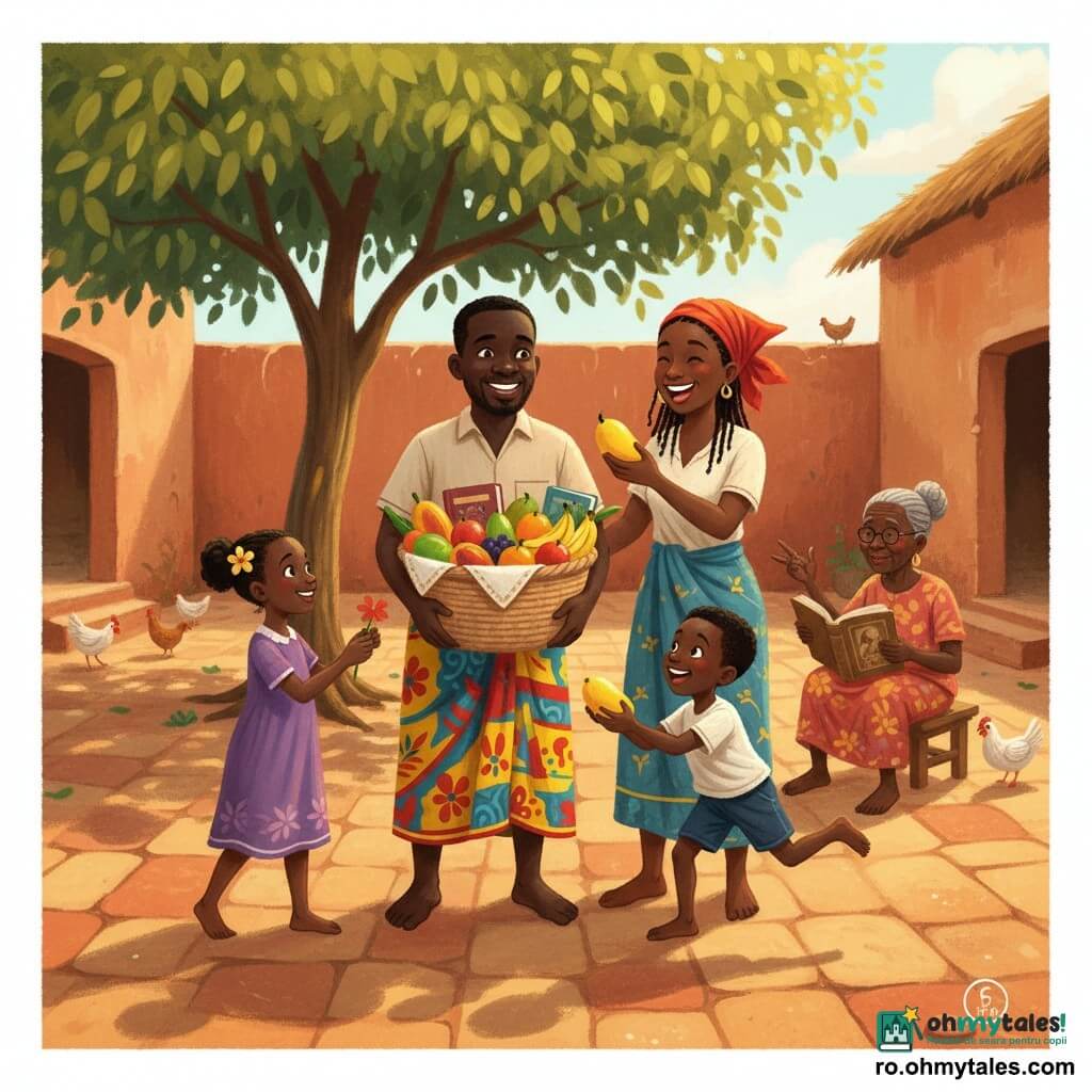 Kofi, bărbat cu față rotundă și ochi culoarea mierii, zâmbește liniștit ținând un coș mare de nuiele plin cu fructe și scurte povești; poartă o cămașă bej simplă și un pagne cu motive colorate. Imani, femeie de ~30 de ani cu părul împletit și un fular roșu, râde în spate întinzând o mango spre coș, stând în dreptul drept al lui Kofi. Dabo, băiat de 6 ani cu păr scurt, săltă vesel înainte ținând o mango galbenă, e în fața lui Kofi. Zuri, fată de 8 ani în rochie violetă cu o floare în păr, pune delicat o floricică în coș, stând la stânga coșului. Mala, bătrână de ~70 de ani cu piele ridată și blândă, stă pe un scăunel în spatele grupului ținând o carte veche deschisă și povestind. Curtea însorită, pavată în ocru cu pietre încălzite și ziduri de pământ roșu, are un mare mangoier care proiectează umbre și câteva găini care ciugulesc. Scena e o sărbătoare a împărțitului: coșul e plin de culori — galben, roșu, verde — copiii râd, adulții zâmbesc, gesturile de schimb sunt vizibile; lumină caldă, texturi ca de guașă, tușe blânde și contururi ușor difuze.