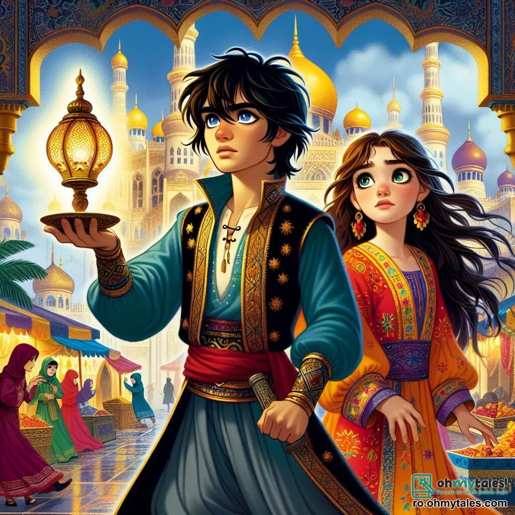 Aladdin, un tânăr cu părul negru ca abanosul și ochi strălucitori ca stelele, stă curajos în centrul imaginii, cu fața determinată și plină de speranță, pregătit să înfrunte răul. Poartă o pereche de pantaloni largi și o tunică colorată, împodobită cu modele orientale, și ține în mâna dreaptă o lampă veche, simbol al legăturii sale cu lumea magică. Lângă el, prințesa Jasmine, o tânără de aproximativ 18 ani, cu părul lung brunet și ochi sclipitori, stă mândră, îmbrăcată într-o rochie strălucitoare, cu brațele încrucișate și o expresie de încredere și sprijin. Ea îl privește pe Aladdin cu admirație, pregătită să-l ajute în căutarea sa. În fundal, palatul Agrabah se ridică măreț, cu domuri aurii și arcade delicate, înconjurat de palmieri luxurianți și piețe animate, unde se pot observa tarabe colorate pline de fructe și condimente. Scena îi prezintă pe Aladdin și Jasmine, uniți în lupta lor împotriva răului, pregătindu-se să dezvăluie complotul lui Jafar, vizirul malefic, într-un moment de tensiune și aventură, unde curajul și prietenia strălucesc deasupra umbrelor pericolului.