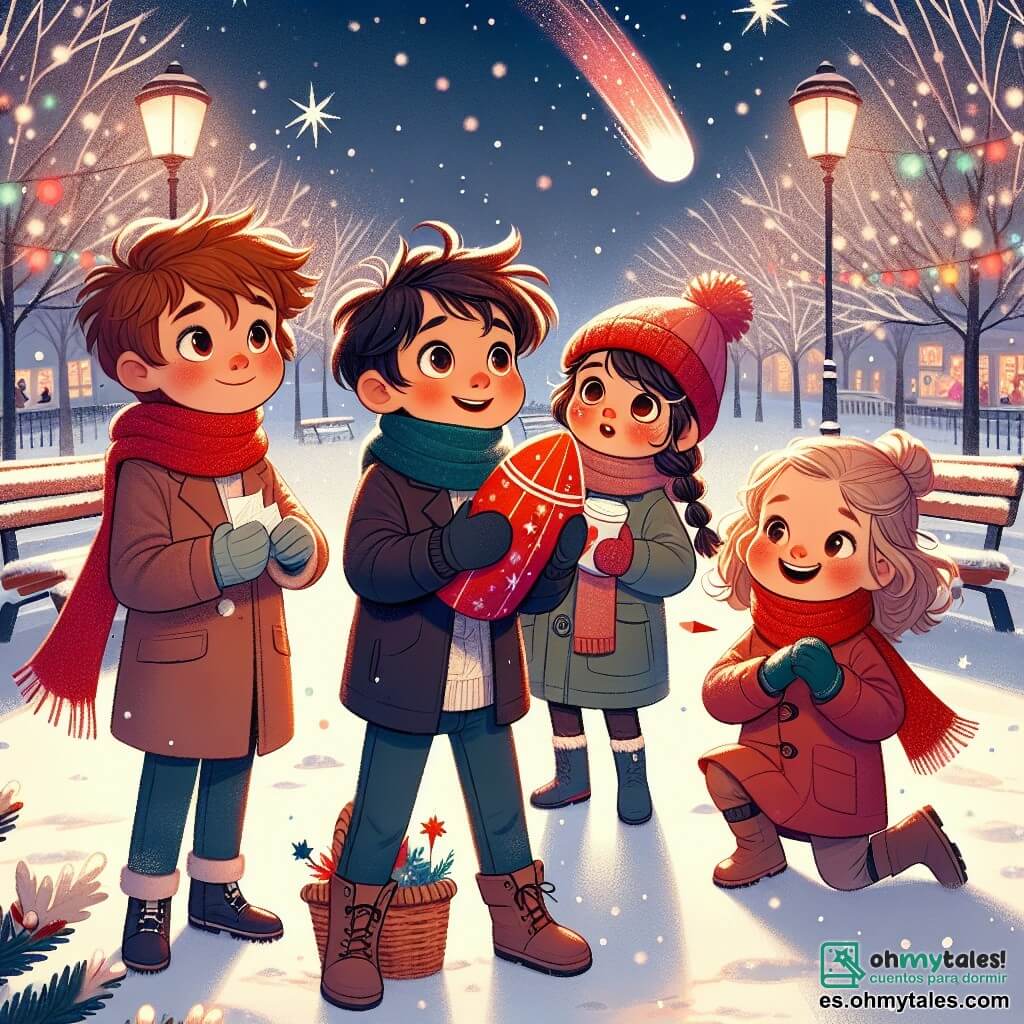 En un parque nevado, cuatro niños están juntos, rodeados de copos de nieve que caen suavemente. Nico, un niño de nueve años con el pelo castaño desordenado y una sonrisa traviesa, sostiene una cometa roja en sus manos, listo para lanzarla. Junto a él, Marta, una niña de cabello rubio trenzado y gafas redondas, observa atentamente la carta adjunta a la cometa, con su rostro iluminado por la emoción. Leo, un niño de cabello negro y ojos brillantes, se queda atrás, con los brazos cruzados, mostrando una expresión decidida, listo para animar a sus amigos. Finalmente, Clara, una niña de rizos castaños claros y un gorro rojo, ríe alegremente, sosteniendo una taza de chocolate caliente en sus manos. El parque es un cuadro de ensueño, con árboles cubiertos de nieve brillante, un gran árbol de Navidad iluminado al fondo y guirnaldas coloridas adornando los bancos. Los niños están a punto de lanzar la cometa al cielo, esperando que su mensaje para Papá Noel llegue al Polo Norte, llenos de esperanza y magia navideña.