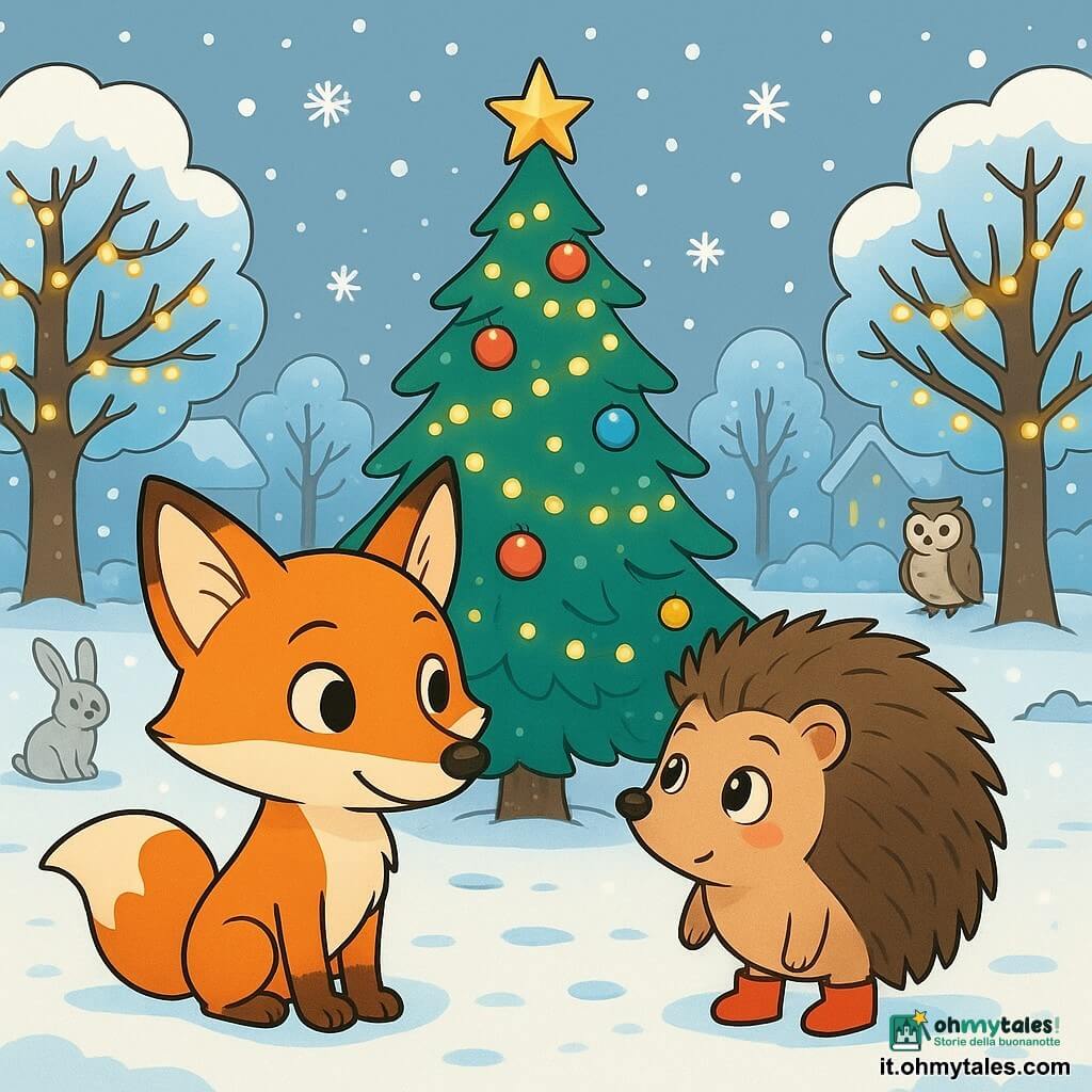Una volpe arancione brillante, con occhi curiosi e un muso dolce, si trova in una piazza innevata, circondata da alberi decorati con luci scintillanti. Accanto a lei, un riccio marrone con aculei morbidi indossa piccole bottine rosse e guarda l'albero di Natale al centro della piazza. La piazza è coperta da uno spesso strato di neve bianca, con fiocchi di neve che cadono dal cielo grigio. La volpe e il riccio si godono la bellezza dell'inverno, pronti a esplorare insieme il mondo incantato che li circonda.