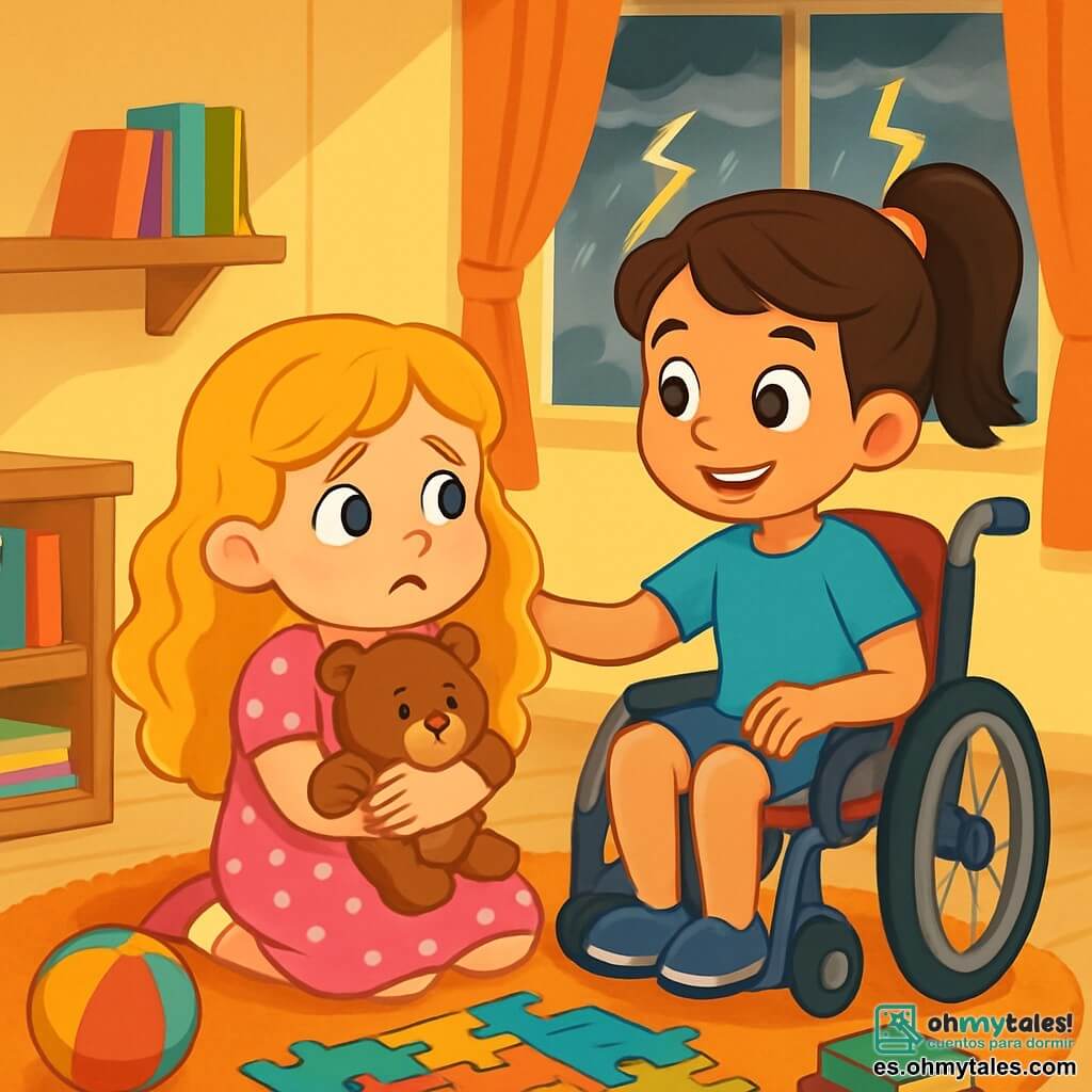 Hay 2 personajes principales: Clara, una niña de 7 años con largos cabellos dorados rizados, vestida con un vestido rosa con lunares blancos, sentada en una alfombra suave, abrazando un osito de peluche con una expresión preocupada; y Ana, una niña de 8 años con grandes ojos curiosos, sentada en su silla de ruedas, con el cabello castaño atado en una coleta, vistiendo una camiseta azul y un short, sonriendo a Clara y animándola con una mano en su hombro. La escena transcurre en una habitación acogedora con paredes pintadas de amarillo pastel, una gran ventana que deja entrar la luz del sol y juguetes esparcidos por el suelo. Un rompecabezas colorido está frente a las dos niñas y hay libros de cuentos apilados en una estantería de madera. La situación principal muestra a Clara y Ana jugando juntas mientras afuera una tormenta ruge con nubes oscuras y relámpagos. Clara, un poco asustada por el ruido, se acurruca contra su osito, mientras Ana le cuenta una historia para tranquilizarla, creando un ambiente de camaradería y consuelo.