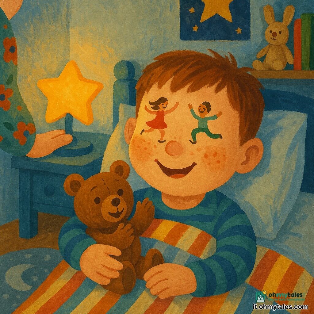 Bambino di 6 anni, viso rotondo e lentiggini, grandi occhi luminosi, sorridente sotto una coperta a righe; le sue palpebre sono rappresentate come due piccoli danzatori colorati che saltellano sopra gli occhi chiusi. Un orsacchiotto marrone di nome Gigi è stretto al suo braccio, pelo morbido e cuciture visibili, occhi a bottone, sembra applaudire le palpebre-danzanti. La mano di una mamma sul lampada da comodino emerge sullo sfondo con una manica a fiori e unghie smaltate. Cameretta calda con parete azzurro pallido, poster di stelle sopra il letto, mensola in legno con pupazzi e libri, tappeto morbido a motivi di luna. Luce soffusa giallo-arancio di una lucetta a forma di stella, ombre delicate e texture di gouache con pennellate. Momento della nanna giocoso: le palpebre danzano come marionette, il bambino ride pianissimo, atmosfera tenera e divertente.