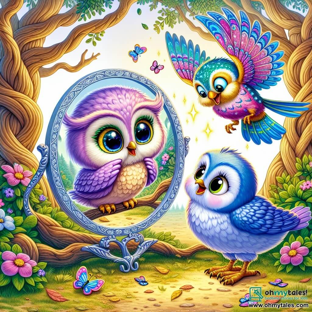 An illustration depicts a small lavender owl with large, bright eyes, expressing curiosity and joy. Perched on a branch, it smiles while gazing at a sparkling magic mirror. Nearby, a lively blue bird with vibrant feathers flits around the owl, showing excitement and friendship, ready to invite it on a new adventure. The main setting is an enchanted glade in a magical forest, with majestic trees and colorful flowers dancing in the wind. The ground is covered in a carpet of golden leaves, with soft sunlight filtering through the foliage, creating a warm light. The scene centers on the owl discovering the magic mirror, which reflects not only its image but also the vibrant colors of the surrounding forest, evoking an atmosphere of mystery and wonder. Other graphic elements include colorful butterflies floating around, sparkling rays of light emanating from the mirror, and gently falling leaves, adding a touch of magic to this fairy-tale scene.
