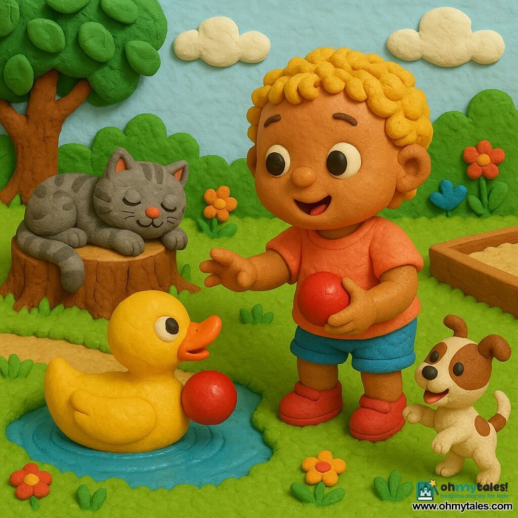 A joyful, curious 2-year-old girl with short curly blond hair and round blue eyes reaches for a slightly shiny small red ball held by a yellow rubber duck with an orange beak floating at the edge of a small pond; a gray tabby cat with green eyes sleeps on a stump to the left, and a small white-and-brown spotted dog stands on its hind legs near the sandbox wagging its tail. The bright garden has textured green grass, red, yellow and blue flowers, a leafy tree and a light blue sky with fluffy clouds. The centered scene focuses on the girl approaching the pond with soft, friendly expressions, vivid colors, visible modeling-clay textures and warm, soft lighting.