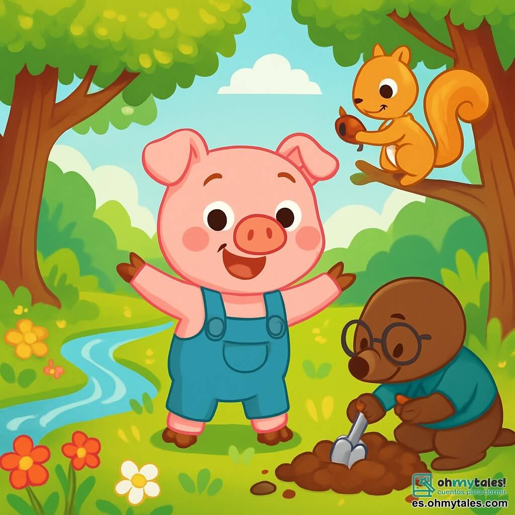 En un claro soleado, Cerdito Tres, un pequeño cerdo rosa con ojos brillantes y una gran sonrisa, se encuentra en el centro, con los brazos abiertos, rebosante de alegría y entusiasmo. A su lado, la encantadora Madame Ardilla, una pequeña ardilla de pelaje dorado y ojos chispeantes, sube a una rama, sosteniendo una semilla en sus pequeñas patas, lista para plantarla. Un poco más lejos, el sabio Monsieur Topo, un pequeño topo con pelaje marrón y gafas redondas, excava el suelo con determinación, rodeado de tierra fresca. El escenario es un bosque mágico, donde los árboles de hojas brillantes forman un techo verde esmeralda, y un arroyo cristalino serpentea entre flores coloridas que bailan al ritmo del viento. La escena muestra a los tres personajes unidos en una gran acción colectiva, sonriendo y trabajando juntos para limpiar el suelo y plantar semillas, simbolizando la armonía y la magia de la naturaleza recuperada.