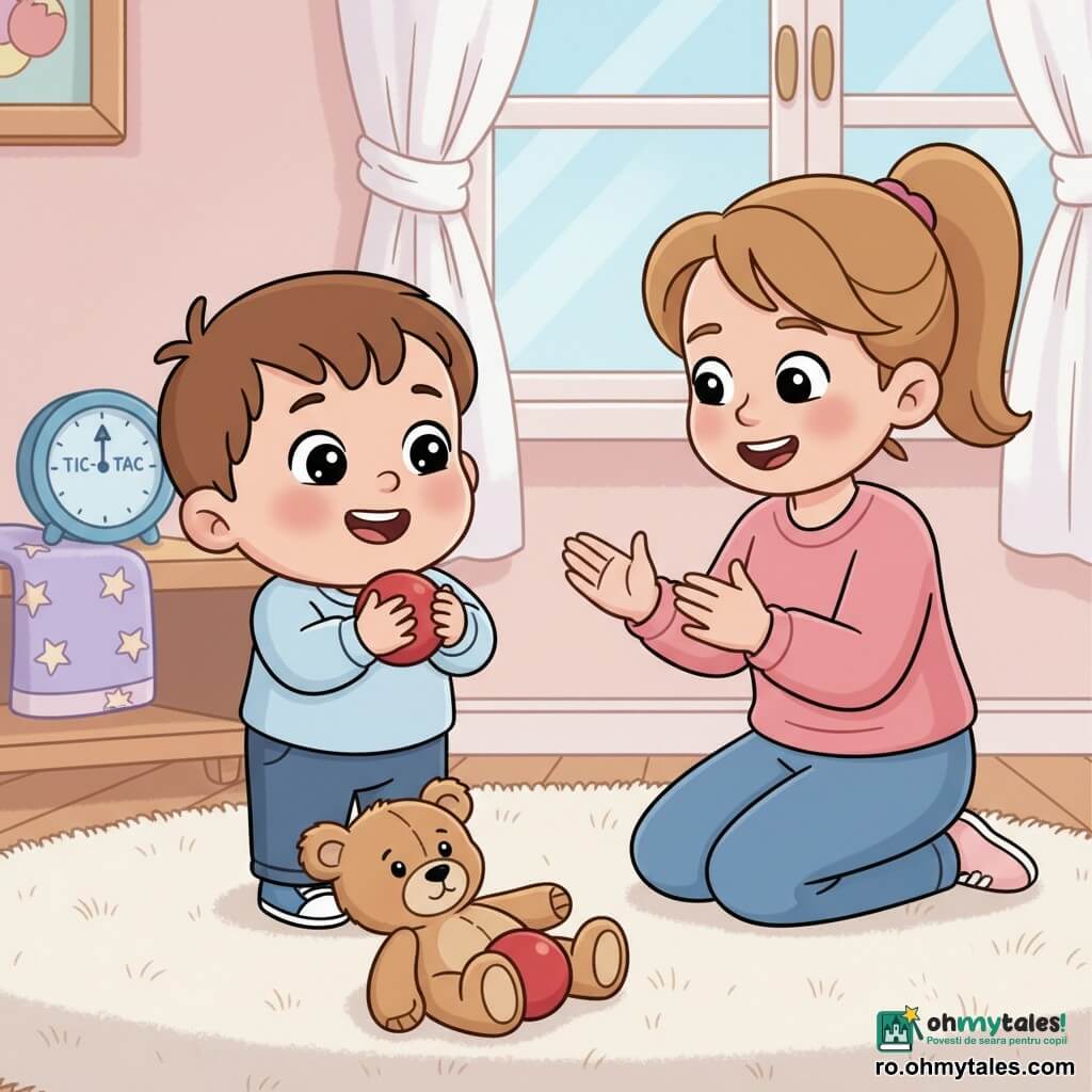 Băiețel de 2 ani, păr brun scurt, obraji rotunzi și zâmbet larg, privire uimită, ține o minge roșie mică la piept; mama (~30 ani), păr castaniu prins în coadă, zâmbet blând, genunchiată lângă el, îl încurajează bătând din palme. Un ursuleț de pluș maro deschis, ușor turtit, stă pe covor deasupra unei mingi roșii pe jumătate ascunse. Scena are loc într-o cameră caldă de copil cu covor crem, etajeră joasă din lemn cu un mic ceas deșteptător albastru, pătură cu stele și fereastră mare cu șnur alb de perdea; lumină caldă, culori moi, compoziție centrată, ușor de citit pentru un copil mic.