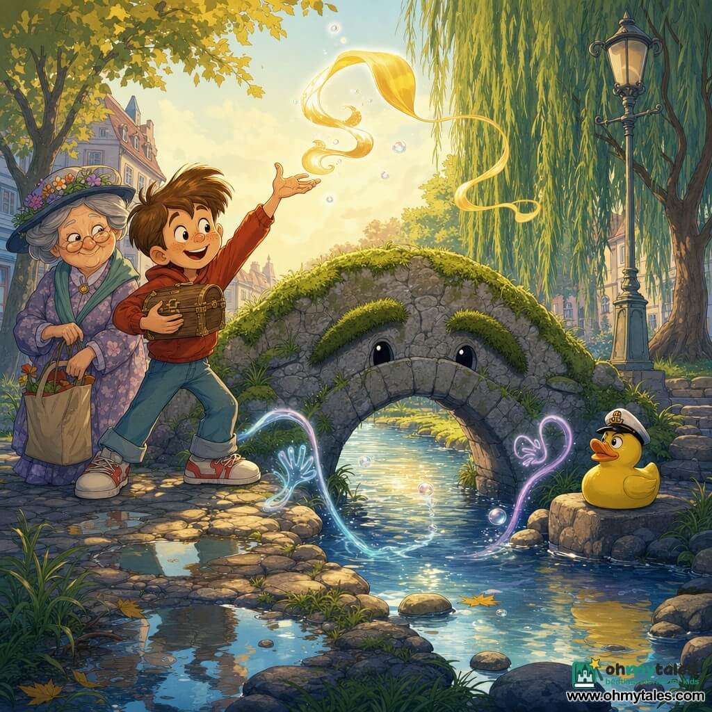 An enthusiastic 8-year-old boy, Milo, round freckled face, tousled chestnut hair and wide curious eyes, smiles broadly while holding a small wooden chest to his chest and tossing a glowing golden ribbon—the "magic yawn"—into the air with a dynamic pose; Mrs. Pottle, about 70, gray hair in a bun, floral hat and patterned dress, stands by the path with a shopping bag, watching Milo with a mischievous, kind smile; the small moss-covered stone arch bridge at center feels alive with a raised moss "eyebrow" and a gently breathing presence above a sparkling stream; beside the chest a serious-looking yellow rubber duck (Captain Quackers) sits on the stone; maples line the street, willow branches lean toward the water, puddles reflect the sky, green grass with a few shiny stones and soft golden morning light; the moment is a magical, humorous scene as Milo throws the ribbon to wake the bridge, with small sparks, bubbles on the water and playful visual echoes of polite words ("please", "thank you") floating around, rendered in warm pastel colors, crisp 90s cartoon outlines and a whimsical, friendly atmosphere.