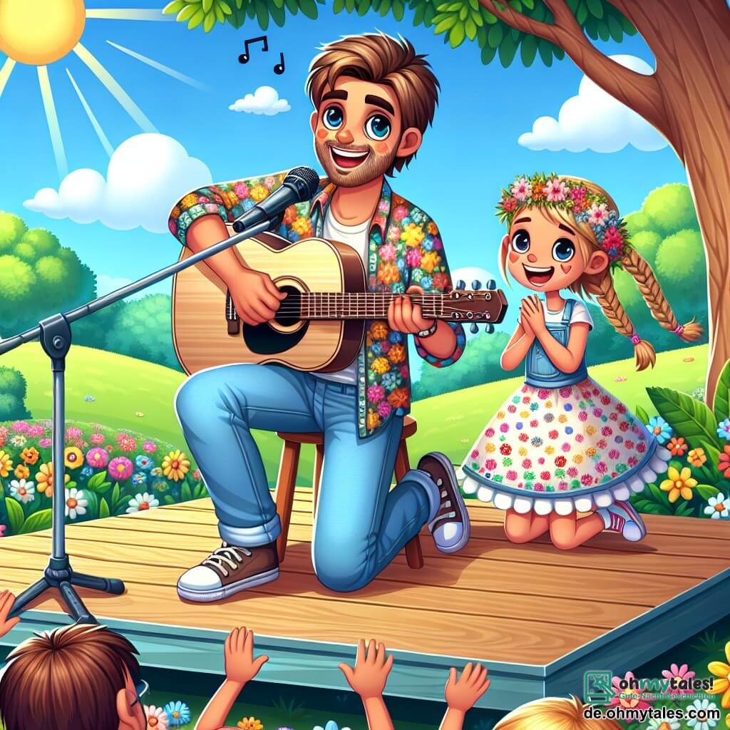 Ein Mann namens Max, lächelnd und enthusiastisch, spielt Gitarre auf einer kleinen Holzbühne in einem sonnigen Park. Er hat braune Haare, einen leichten Bart und trägt ein buntes Hemd und Jeans. Seine Augen strahlen vor Freude, während er eine mitreißende Melodie singt. Neben ihm steht ein etwa 8-jähriges Mädchen namens Mia mit blonden Zöpfen und einem Blumenkleid, das begeistert applaudiert. Der Park ist mit bunten Blumen, grünen Bäumen und dem Lachen spielender Kinder gefüllt. Der Himmel ist blau mit ein paar weißen Wolken, und die Sonne scheint, was eine fröhliche und einladende Atmosphäre schafft. In dieser Szene singen Max und Mia gemeinsam ein Lied über die Freuden eines sonnigen Tages im Park, umgeben von einer kleinen Menge Kinder, die ihnen staunend zuhören.