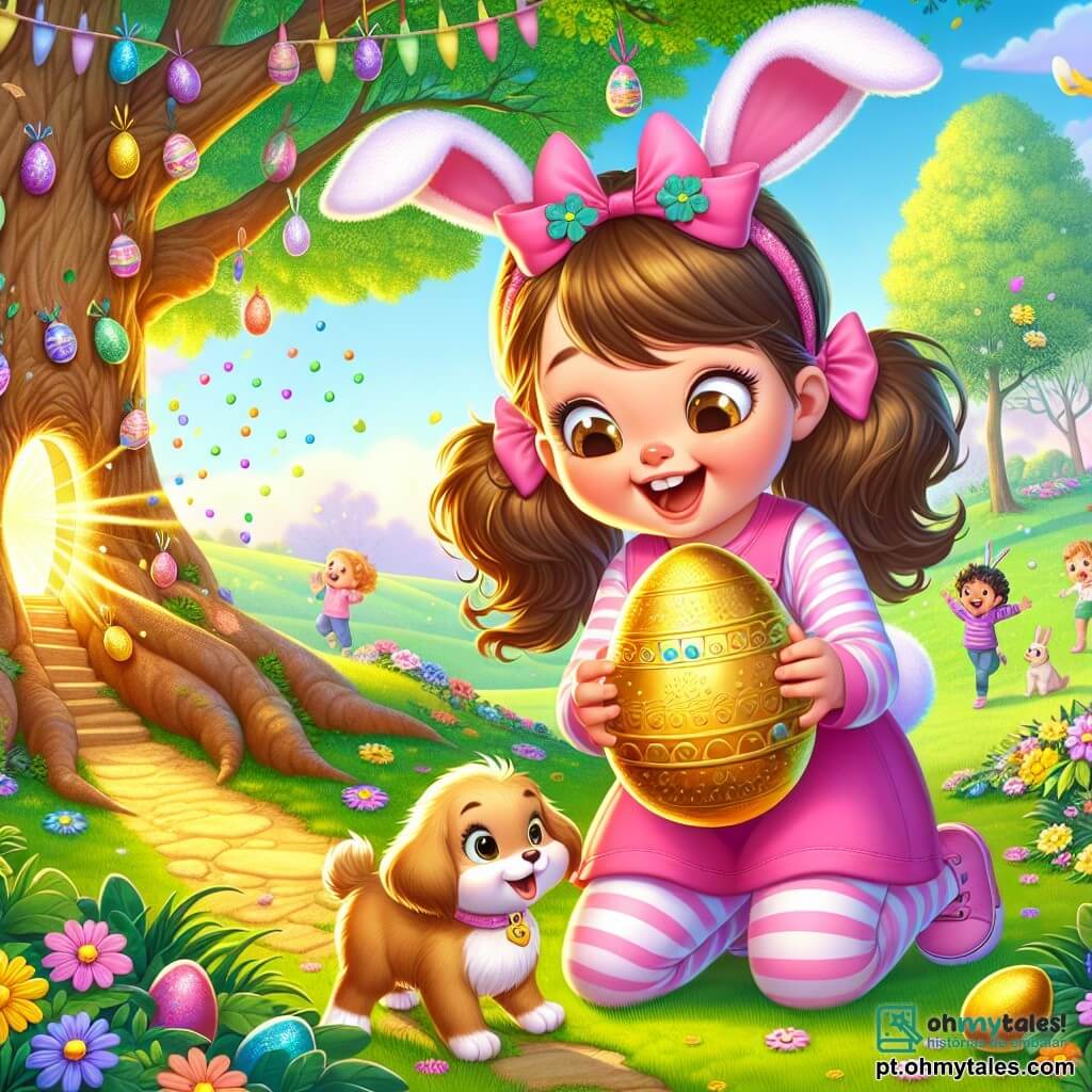 Uma menina de 6 anos, Luísa, com longos cabelos castanhos presos em duas coquinhas, veste uma linda roupa de coelhinho rosa com orelhas de coelho. Ela tem um grande sorriso maravilhado no rosto, seus olhos brilhando de alegria enquanto descobre um ovo de Páscoa dourado e brilhante. Ao seu lado, seu pequeno cachorro Tobi, um adorável filhote de pelos dourados, abana o rabo com excitação, olhando o ovo com curiosidade. O cenário é um parque primaveril, cheio de flores coloridas, grandes árvores com folhas verdes brilhantes e coelhinhos de papel decorando o caminho. Ao longe, crianças riem e brincam, procurando ovos de chocolate. A cena principal mostra Luísa, de joelhos diante de uma grande árvore com um tronco largo, descobrindo uma pequena porta dourada escondida na casca, enquanto uma chuva de confetes coloridos sai do ovo que ela acabou de encontrar, criando uma atmosfera mágica e alegre.