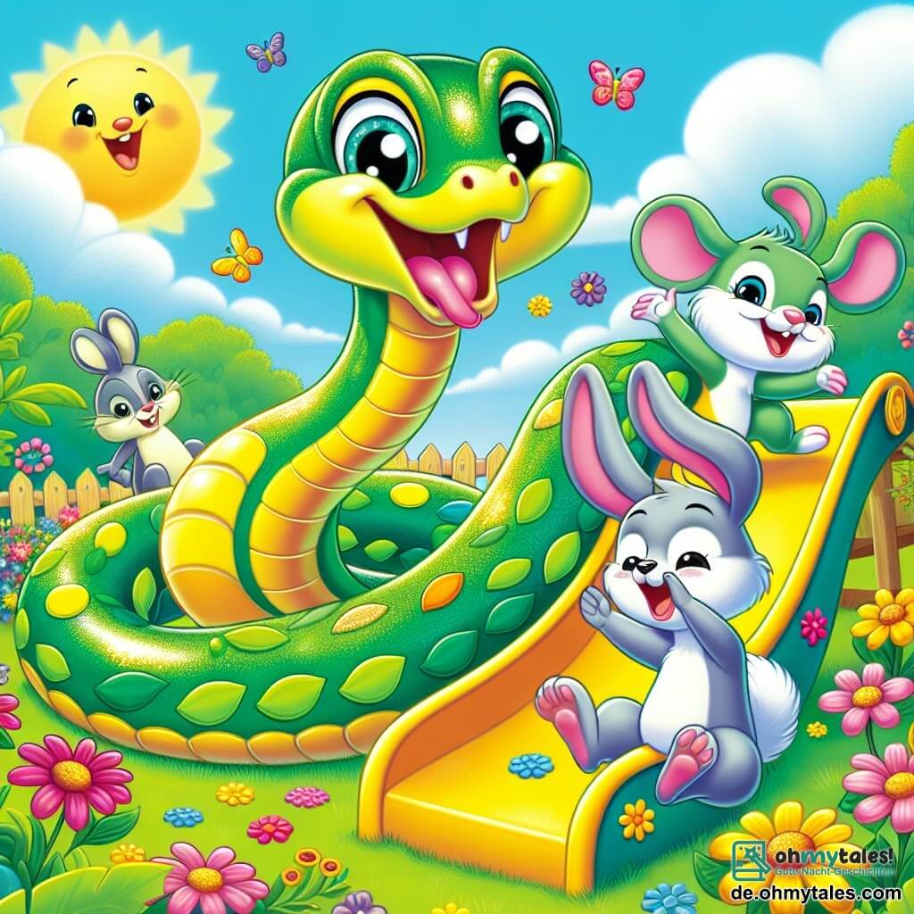 Eine bunte Schlange namens Slinky mit glänzenden grünen und gelben Schuppen gleitet fröhlich auf einer großen Rutsche aus Blättern und Blumen, mit einem breiten Lächeln und funkelnden Augen vor Freude. Neben ihm springt ein kleiner Hase mit großen weißen Ohren namens Hopsi enthusiastisch, seine Hinterbeine in die Luft, bereit, Slinky einzuholen. Ein wenig weiter passt eine schelmische Maus namens Minky mit grauem Fell und einem wackelnden kleinen Schwanz die Rutsche an, indem sie bunte Blumen hinzufügt und dabei lacht. Die Szene spielt in einem sonnigen Garten voller strahlender Blumen und grüner Bäume, wo der Himmel leuchtend blau ist und weiße Wolken sanft dahingleiten. Im Mittelpunkt dieser Illustration haben Slinky und seine Freunde Spaß zusammen und schaffen eine fröhliche, lebendige Atmosphäre, während sie lachen und sich auf der Rutsche ins Abenteuer stürzen.