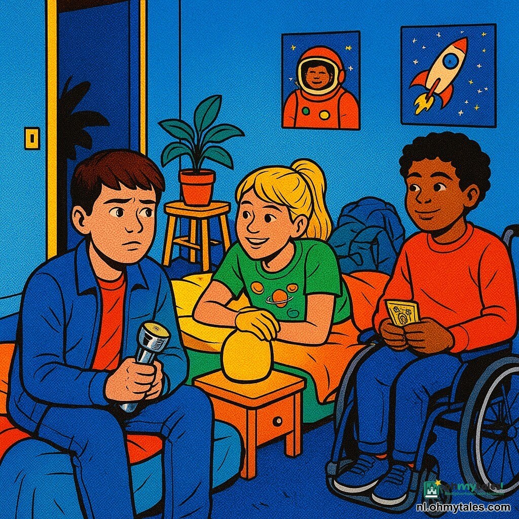 Drie kinderen van circa 12 jaar: een jongen met kort bruin haar en bleke huidskleur in een blauw jasje en jeans zit links op een matras en houdt een kleine zilveren zaklamp vast terwijl hij gespannen maar moedig naar een opengaande deur kijkt; een meisje met blond paardenstaart, groen T-shirt met planeetstickers en rok ligt in het midden op een matras en stelt een kleine gele nachtlamp op een nachtkastje afom de kamer te verlichten; een jongen in een rolstoel met krullend zwart haar en rood truitje staat rechts iets teruggetrokken, kalm en ondeugend, kijkt naar de deur en houdt een speelkaart vast. Locatie: kleine kinderkamer als geïmproviseerd kampement met drie matrasjes op de vloer, kleurrijke dekens, een ronde nachtlamp die warm geel licht geeft, een halfopen binnendeur links naar een donker gangetje, een potplant op een kruk waarvan een blad de plint raakt, pastelkleurige blauwe muren met astronautposters en een rommelige stapel jasjes in een hoek. Sfeer: nachtelijke wake met zachte spanning, warm geel licht van de nachtlamp contrasteert met het blauwige duister van de gang, bewegende bladschaduw tegen de deur, gezichten tussen zenuwachtigheid en kameraadschap. Compositie: midshot, licht hellend perspectief, verzadigde kleuren en sterke contrasten in popartstijl, scherpe lijnen, zichtbare stoftexturen, grafisch verlicht met gekleurde schaduwen; stijl illustratief popart, lumineuze weergave, dikke contouren, felle palette (geel, blauw, groen, rood).