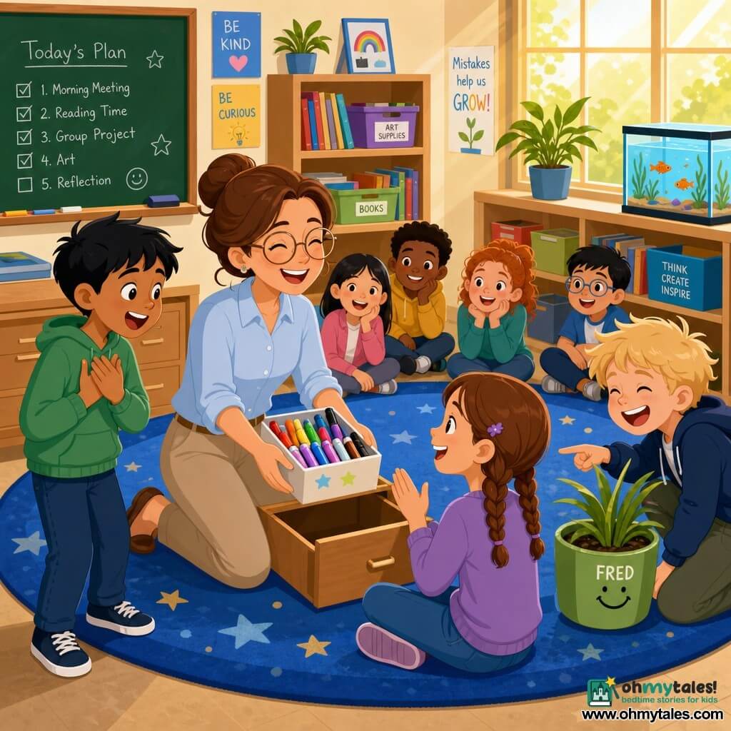 Smiling female teacher with a gentle face and laughing eyes, chestnut hair in a bun, wearing a light blue smock and round glasses, kneeling before an open drawer holding a box of colorful markers she found, relieved and reaching toward the children; Amir, about 9, short black hair, medium skin, standing left with mouth open in joyful exclamation and hands on his chest, looking at the markers; Jada, about 9, braided hair, fair skin, sitting on the star rug in front of the teacher, smiling with a palm raised as if to applaud; Leo, about 10, messy blond hair, pale skin, crouched near the plant pot (Fred) on the right, laughing and pointing at the drawer as if joking; 4–5 other similarly aged children sit around a circular rug in the background, curious and amused; bright classroom with large windows and yellow sunbeams, a blackboard with a chalked schedule, shelves of colorful books and art boxes, a blue star rug at center, a green plant on the sill and an aquarium with a small orange fish; main scene: joyful discovery of lost markers in a drawer, calm turning into a moment of surprise and collective laughter, vivid colors, strong contrasts, composition centered on the kneeling teacher and the open box of multicolored markers.