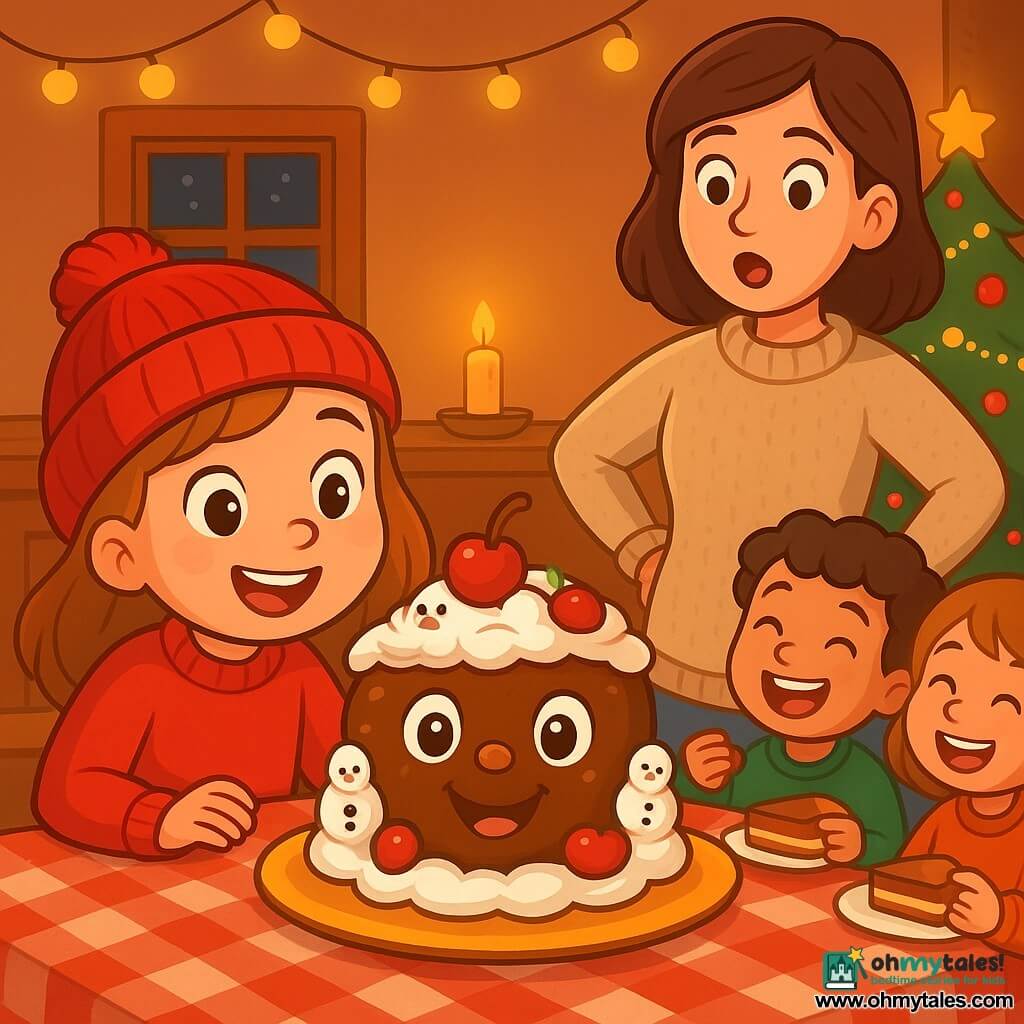 A small Christmas cake named Crispy, with a smiling face and sparkling eyes, is placed at the center of a rustic wooden table. It is decorated with little sugar snowmen, shiny red cherries, and a ring of white cream, looking joyful and hopeful. Next to it, a little girl named Lyra, wearing a knitted red hat and with rosy cheeks, gazes at the cake in wonder with a big smile, her eyes shining with joy. Her mother, a gentle woman with brown hair and a beige wool sweater, stands slightly back, hands on her hips, displaying an expression of surprise and gratitude. The scene takes place in a cozy little house, adorned with twinkling lights and a Christmas tree in the corner, illuminated by flickering candles. The table is covered with a red and white checkered tablecloth, and cheerful-faced children are sitting around, sharing slices of cake. The main situation shows Lyra lifting a piece of cake towards her friends, all laughing and singing Christmas carols, creating a festive and warm atmosphere.