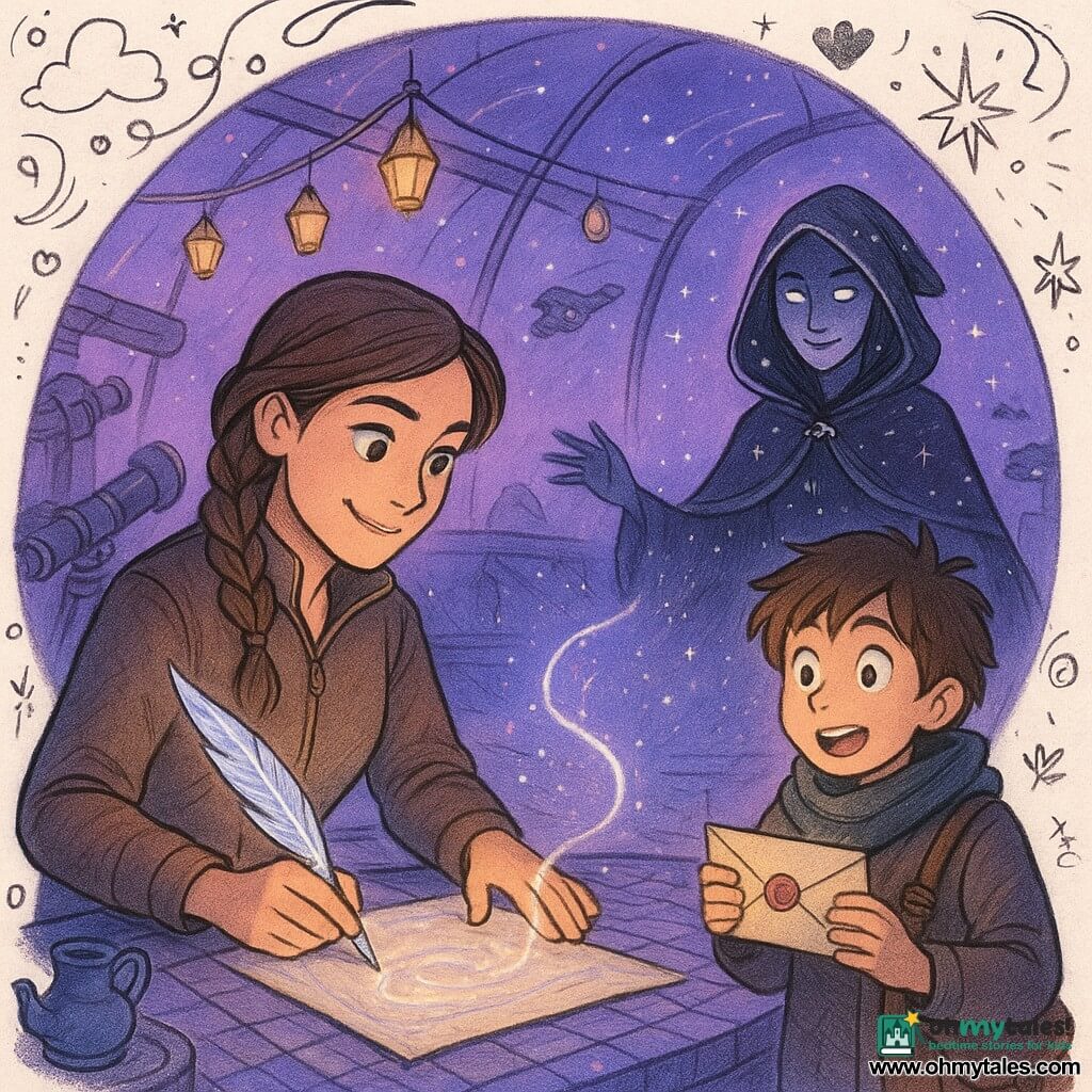 Lira, a determined, slightly amused explorer with a sunlit face, brown braid and half-zipped practical jacket, signs a silver parchment on a tea table with a glowing crystal quill while a ~12-year-old boy, Juno, excited and nervous with tousled hair, scarf and courier satchel, stands beside her clutching a sealed letter; opposite them a calm, mysterious Star-Binder—hooded, silver-eyed, stars embroidered on her dark hood—emerges from a starry rift standing in a crystal circle and weaves a thread of starlight around the parchment. The scene is on the mosaic-tiled rooftop observatory of the Crystal Exchange with metal telescopes, golden lantern garlands, a blue anvil-shaped tea corner and steaming kettles under a glass sky dotted with distant ships; it’s a sunset truce signing—tender, magical negotiation—lit in purple, blue and gold with sparkling crystal reflections and textured details on the parchment, crystals and clothing.