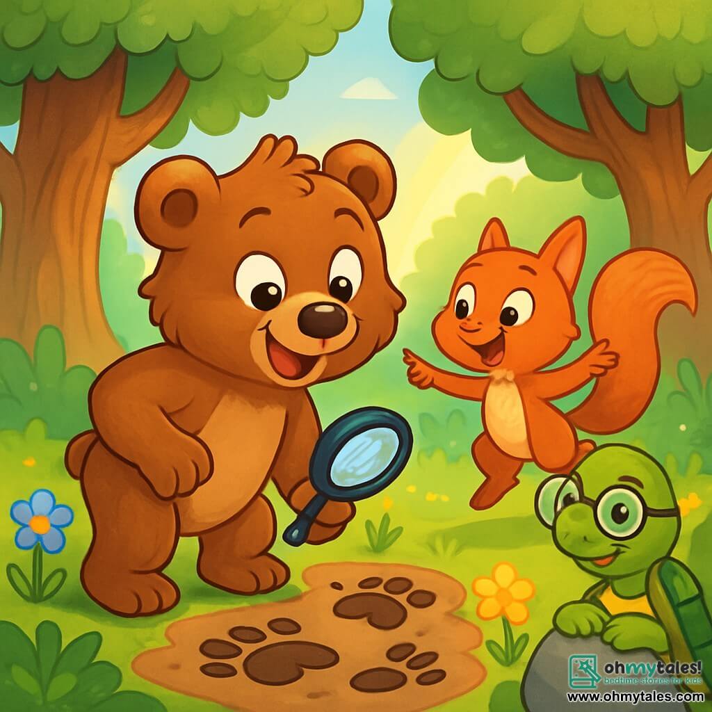 Benny, a young brown bear with soft, silky fur, is at the center of the image, his eyes shining with excitement and a big smile on his face. He stands on his hind legs, sniffing mysterious tracks in the mud with a small magnifying glass in his paw. Next to him, Lily, a small squirrel with sparkling eyes and red fur, jumps for joy, her bushy tail raised behind her. She points at the tracks, full of enthusiasm. Max, a wise turtle with a green shell and round glasses, sits on a rock, observing the scene with a kind smile, his eyes squinted with curiosity. The setting is an enchanted clearing surrounded by tall trees with gnarled trunks, their green leaves dancing in the breeze. Colorful flowers dot the ground, and a gentle ray of sunlight filters through the branches, illuminating the scene with a golden light. The main situation shows Benny and his friends discovering mysterious tracks in the mud, ready to solve the mystery together, filled with excitement and adventure.