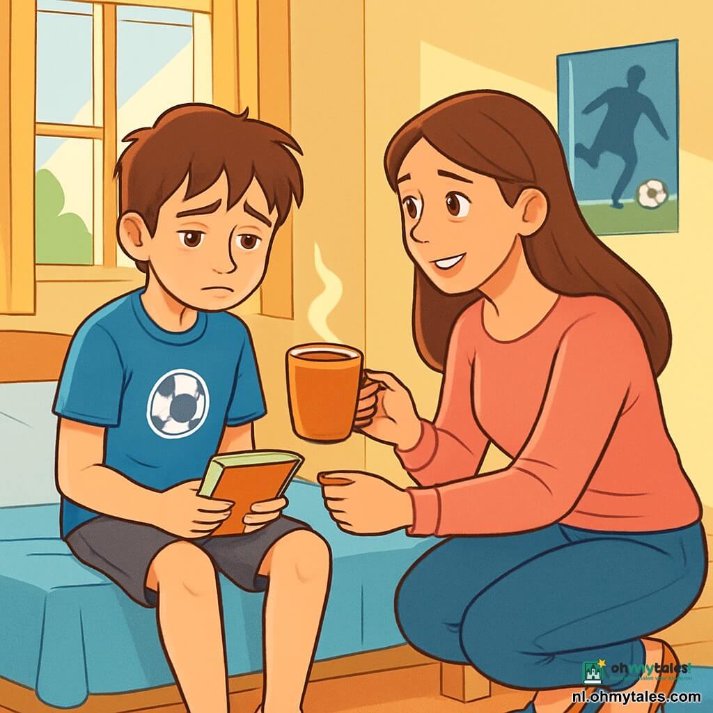 Een 12-jarig jongetje met rondslingerend kastanjebruin haar en verdrietige ogen zit op zijn bed, met zijn schouders naar beneden, terwijl hij een klein notitieboekje vasthoudt. Hij draagt een blauwe t-shirt met een voetballogo en een grijze short, en zijn gezicht toont een zachte melancholie, een weerspiegeling van zijn gedachten. Naast hem zit zijn moeder, een vrouw van ongeveer 35 jaar met lang bruin haar, in een hurkende houding, met een meelevende blik, terwijl ze hem een kop warme chocolademelk aanbiedt, met een troostende glimlach. Ze draagt een roze sweater en een spijkerbroek, en staat vlakbij het bed, wat een gevoel van warmte en veiligheid creëert. 

De scène speelt zich af in een lichte kinderkamer met lichtgele muren, voetbalposters aan de muren en een zacht tapijt op de vloer. Een raam laat zonlicht binnen, dat de kamer verlicht en een zachte en warme sfeer creëert. 

De belangrijkste situatie toont het jongetje en zijn moeder die een intiem moment delen, waarbij ze hem troost biedt na het nieuws van de scheiding, wat de liefde en de familiale steun symboliseert ondanks de moeilijke veranderingen.