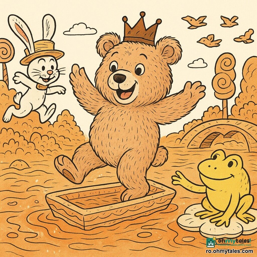Un mare ursuleț de pluș stil cartoon (Ursul Nelu), vesel și uimit, cu blană groasă texturată, ochi rotunzi strălucitori și o coroniță de ciocolată, dansează cu lăbuțele ridicate pe o mică barcă din napolitană plutind pe o baltă de sirop strălucitor; la stânga, un iepure costumant cu pălărie din napolitană, mustăți făcute din firimituri și expresie ștrengărească sare în aer lângă barcă; la dreapta, o broască mare galbenă ca bomboana de lămâie, zâmbitoare, întinde o lăbuță încurajator spre urs de pe un nufăr de bezea; în fundal copaci spirală de acadele, tufe din jeleuri, câțiva păsări cu penaj ca bomboanele zboară în formație și un pod mic din biscuiți crocanți; sol ondulat din valuri de caramel și dulciuri cu bălți de jeleu care reflectă personajele — scenă jucăușă, dulce, în mișcare, cu culori sugerate prin hachuri și texturi detaliate în negru.