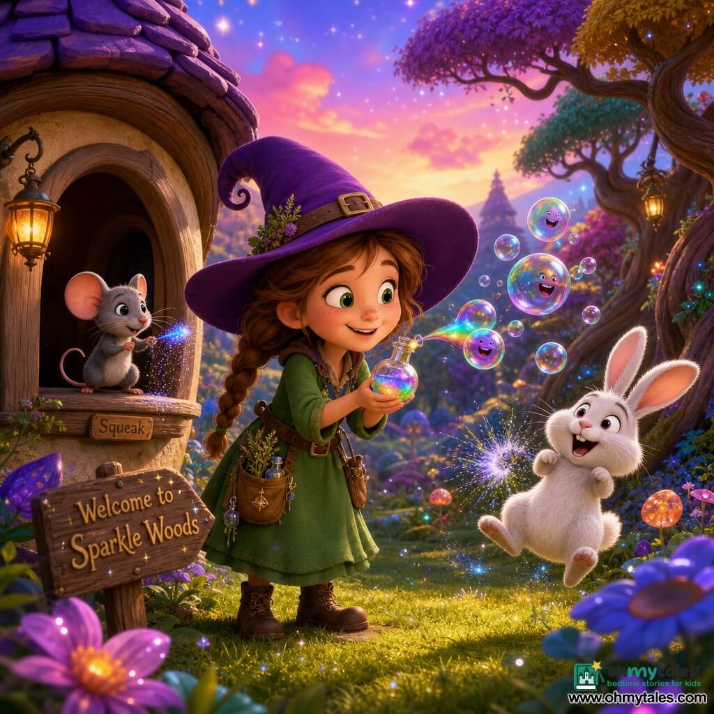 A smiling, mischievous young witch with a purple pointed hat, green dress with herb-filled pockets, brown boots and light-brown braided hair holds a small vial that releases rainbow bubbles blown toward a white rabbit; a little male mouse named Squeak, gray with bright black eyes, stands on the cottage windowsill holding a pinch of glittering powder while the trembling rabbit smiles and hops as a bubble pops. The clearing in Sparkle Woods features glowing green grass, twisted-trunk trees with colorful leaf "hats," luminescent flowers and a pastel shifting sky dome; the witch is testing a courage potion that sends laughing bubbles into the air, in an enchanting, warm, softly lit sunset scene with welcoming, exaggerated expressions and a clean, rounded child-friendly 3D render.