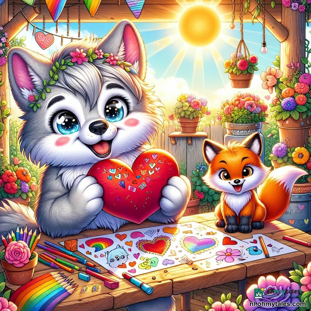 Een jonge wolf met sprankelende ogen en zachte vacht, met een blije en enthousiaste uitdrukking, zit in een zonnige patio, omringd door kleurrijke bloemen. Hij houdt een groot rood papieren hart vast, versierd met vrolijke tekeningen, en glimlacht breed, blij om te delen. Naast hem kijkt een feloranje vos met ondeugende ogen en een samenzweerderige glimlach naar de wolf terwijl hij een klein blauw hart in zijn pootjes vasthoudt. Een klein vogeltje met kleurrijke veren, dat op de tafel zit, tsjilpt vrolijk en voegt een vleugje magie toe aan de scène. De patio is vol zonlicht, met gouden stralen die bloempotten in heldere kleuren verlichten, hangende hartjes en een rustieke houten tafel bedekt met tekeningen en artistieke materialen. De hoofdscène toont de wolf en de vos die harten voorbereiden voor Valentijnsdag, omringd door vreugde en vriendschap, klaar om hun liefde met al hun vrienden uit het bos te delen.