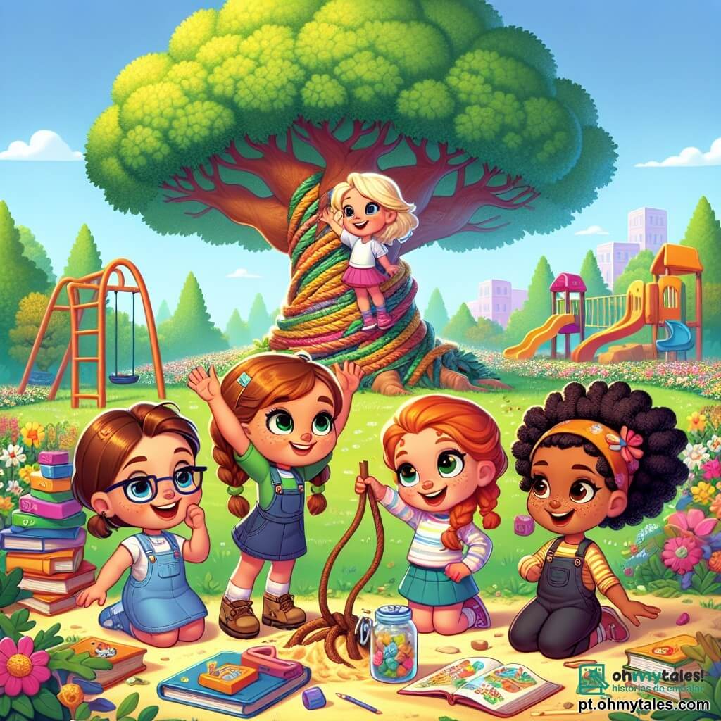 Quatro meninas, Ana, Bia, Clara e Dora, estão reunidas em um parque ensolarado. Ana, uma menina de 8 anos com cabelos castanhos e óculos, está em pé sobre uma pilha de livros, com os braços levantados em sinal de vitória. Bia, uma menina de 9 anos com cabelos loiros e trançados, está ao lado dela, sorridente e segurando uma corda. Clara, uma menina de 8 anos com cabelos ruivos e sardas, está agachada, desenhando um plano na areia com um graveto. Dora, uma menina de 7 anos com cabelos cacheados e negros, está sentada no chão, cantando alegremente, cercada por brinquedos espalhados ao seu redor. O parque está cheio de grandes árvores verdes, flores coloridas e um grande parquinho. No centro, um enorme carvalho se ergue majestoso, com um pote de geléia colorida que caiu aos seus pés, chamando a atenção das meninas. Elas estão planejando sua missão para recuperar o pote de geléia preso no alto da árvore, com expressões determinadas em seus rostos, prontas para enfrentar o desafio juntas.