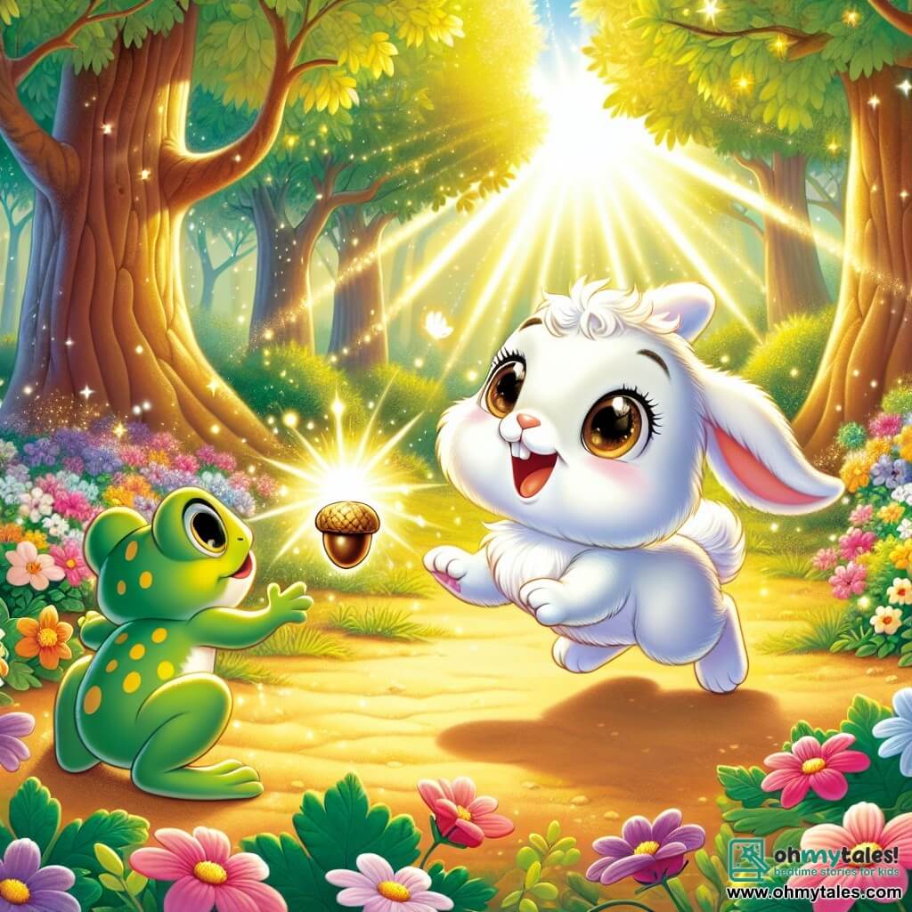 An illustration depicts a small white rabbit with bright eyes and silky fur, expressing great curiosity and excitement. It joyfully hops through a sunlit clearing surrounded by colorful dancing flowers. Nearby, a small green frog with yellow spots watches the rabbit with admiration and a cheerful smile, ready to assist in its adventure. A pretty bluebird perched on a branch sings happily while observing the scene with sparkling eyes. The enchanted clearing is bathed in golden light, surrounded by tall trees with shimmering leaves, and blooming multicolored flowers add a touch of magic. The main focus shows the rabbit discovering the Enchanted Acorn, a beautiful shining nut emitting golden light, symbolizing magic and joy. Sun rays filter through the leaves, creating dancing shadows on the ground, while a gentle breeze makes the flowers sway, adding a dreamy and adventurous atmosphere.