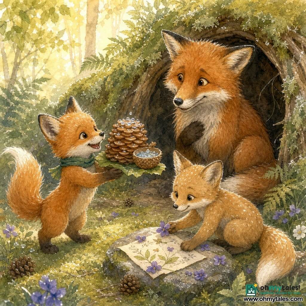 A small red fox kit with bright orange fur, white muzzle, shiny enthusiastic eyes, a bushy moving tail and a small green scarf stands on a large leaf holding a stack of pinecone "pancakes" and an acorn-cup filled with dew drops; a lighter spotted sister kit, smiling and mischievous, crouches on a nearby rock placing a hand-drawn menu on a flat stone and adding violets; the father fox, darker with a warm expression, sits at the den entrance surprised and moved, tail curled around his paws watching the children; morning forest clearing with low grass, green moss, ferns, lichen-covered rocks and golden light filtering through leaves, a few cones and petals scattered and an improvised stone table; tender, joyful Father's Day breakfast scene in soft watercolor tones with bright white highlights on dew and eyes, composition centered on the affectionate exchange between children and father.